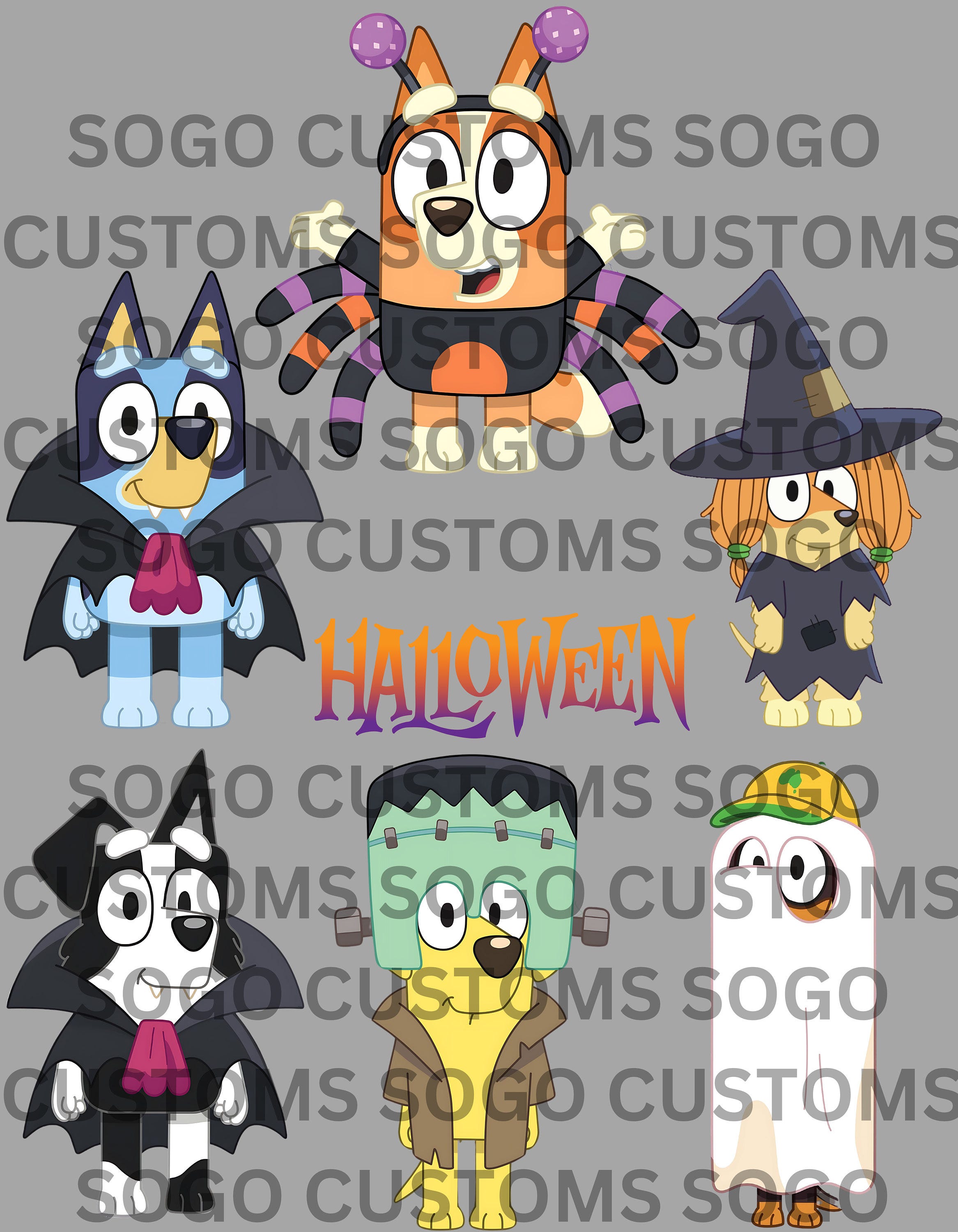 Bluey Halloween Character Bundle. High-Quality Instant Digital Download. PNG SVG!! Bluey, Bingo, Snickers, Lucky, Mackenzie, and Indy!