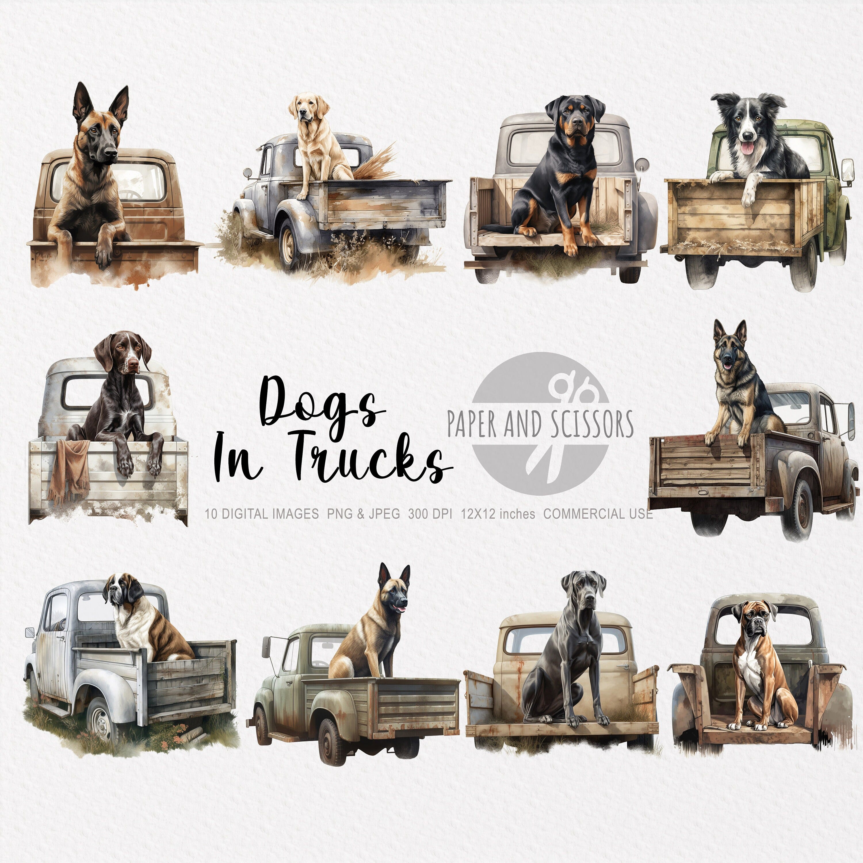 Dogs in Trucks Clipart, Old Farm Truck PNG, Rustic Truck illustration, Dogs Clipart, Farm Animals, Watercolor Truck, Farm decor, Farm PNG