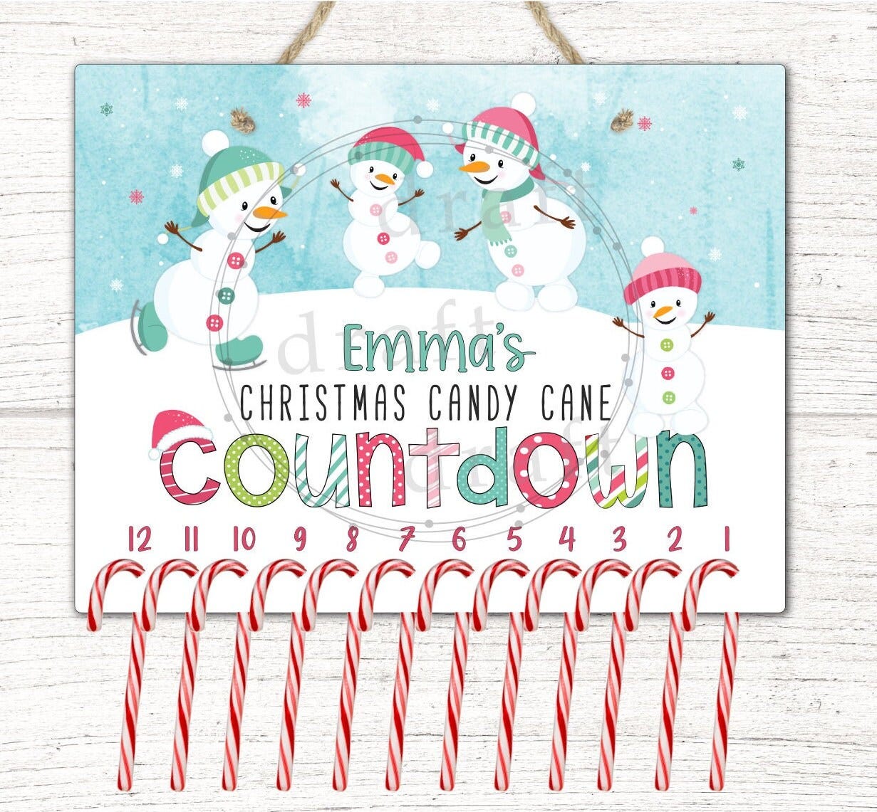 12-DAY CANDY CANE Countdown • 8.5x11-Friendly • Snowman Design • 12 Days Rectangle Board Sign • Sublimation Digital Download Templates png
