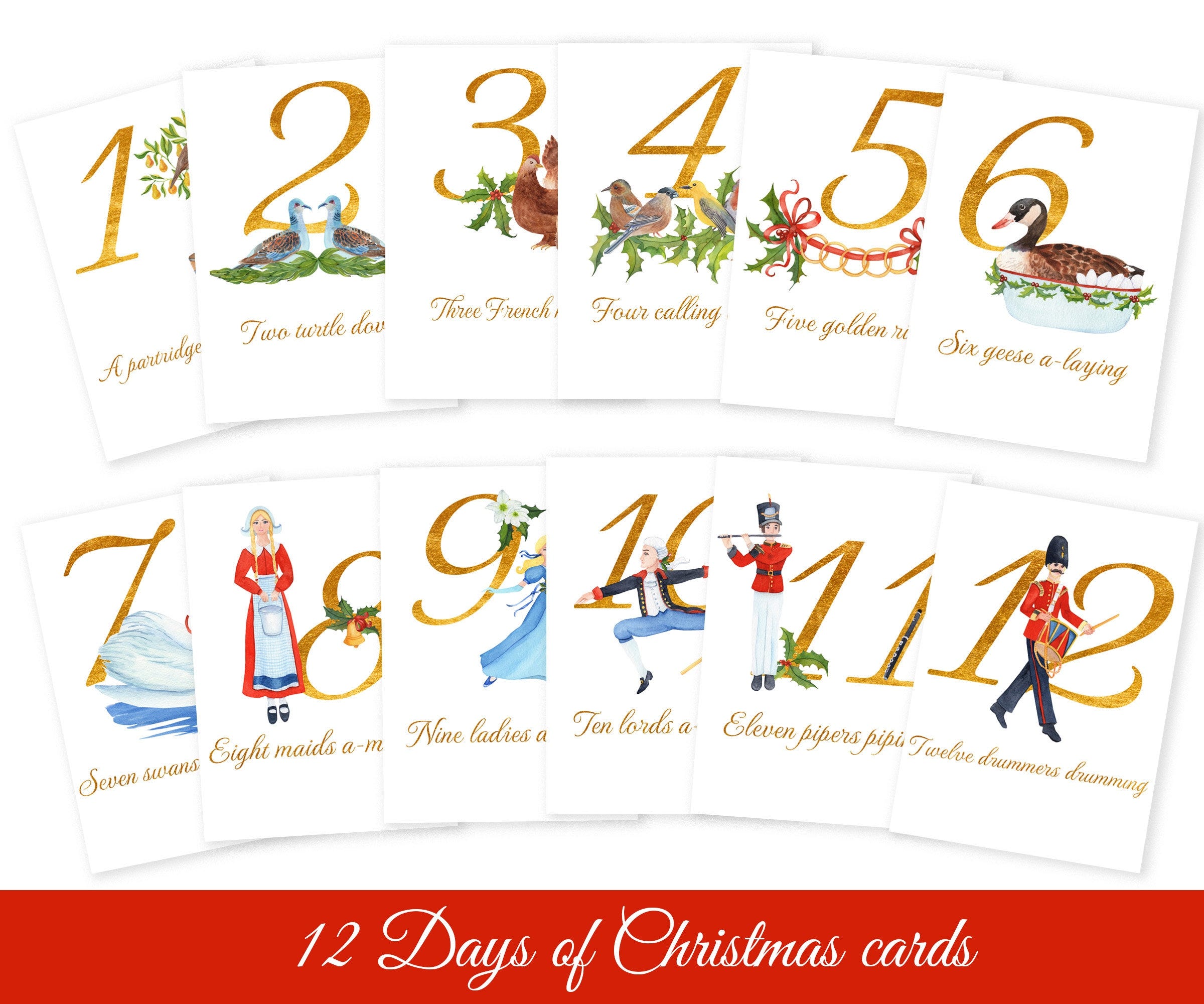 12 Days of Christmas printable cards, Nomenclature cards, Printable Educational Materials, Christmas gift tags, Printable Christmas Art