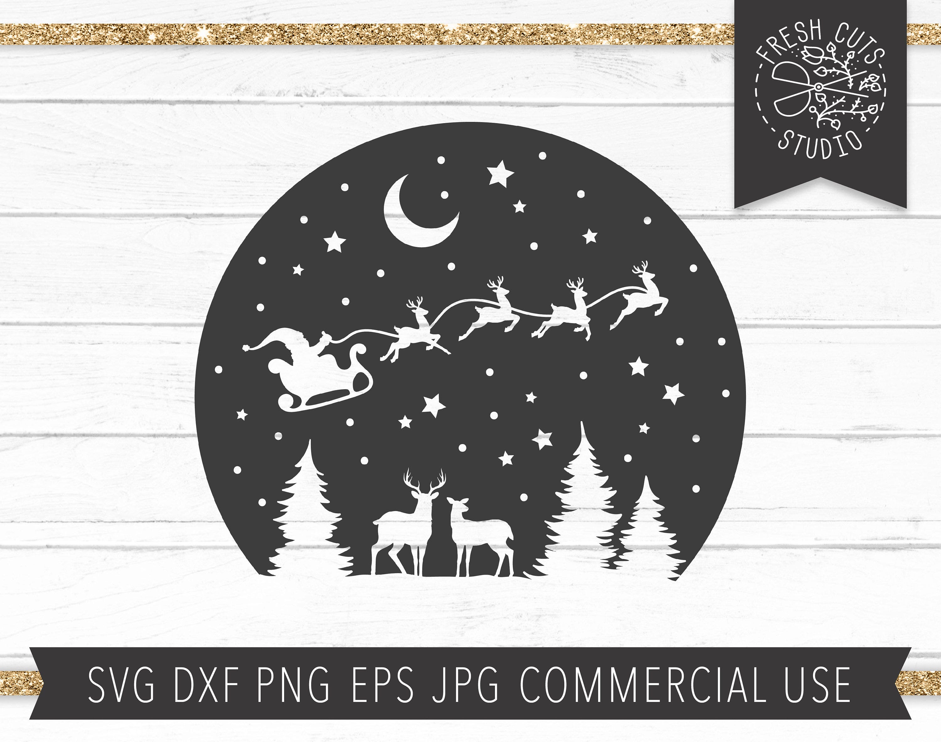 Winter Christmas Scene SVG Cut File, Santa svg, Rustic Christmas SVG, Starry Snowy Forest with Deer, Reindeer svg, Winter Landscape Circle
