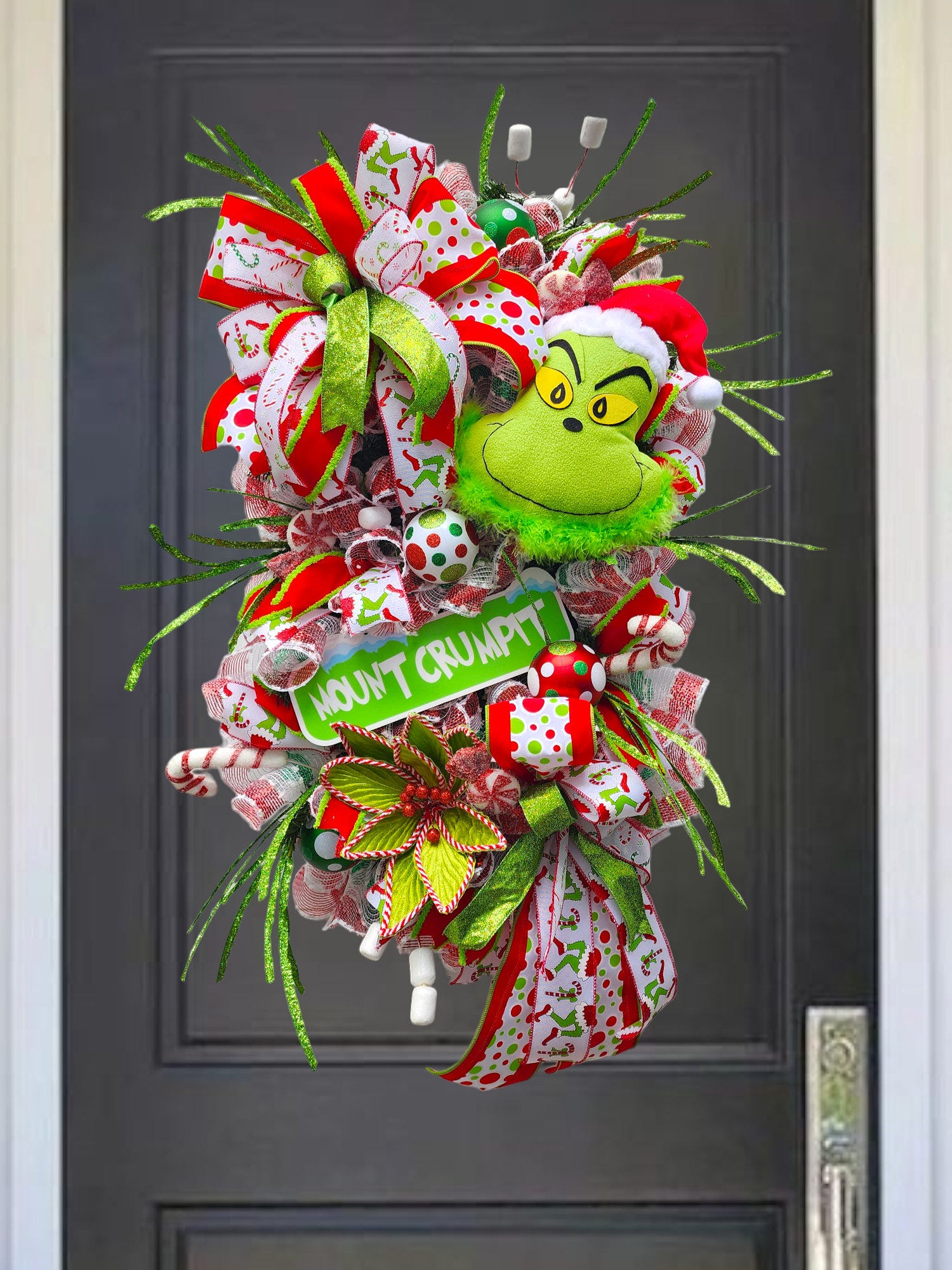 Large green chriatmas monster wreath,grinch head and legs wreath, monster Christmas swag, elf swag,garland and wreath