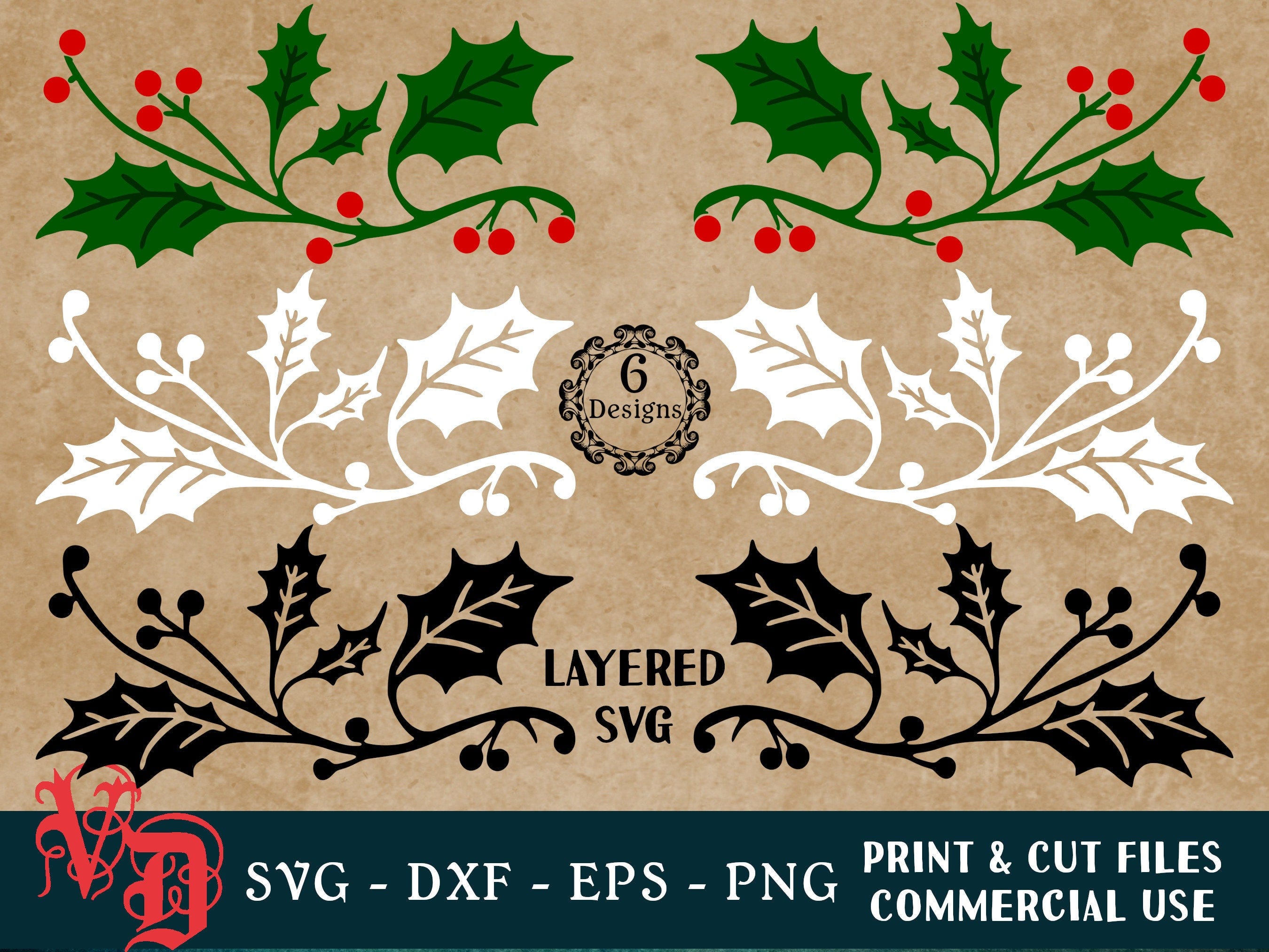 Holly Divider SVG | Holly Branch SVG | Holly Leaves SVG | Holly Berry Cut File | Holly Vector | dxf eps png Cut Print Digital Files