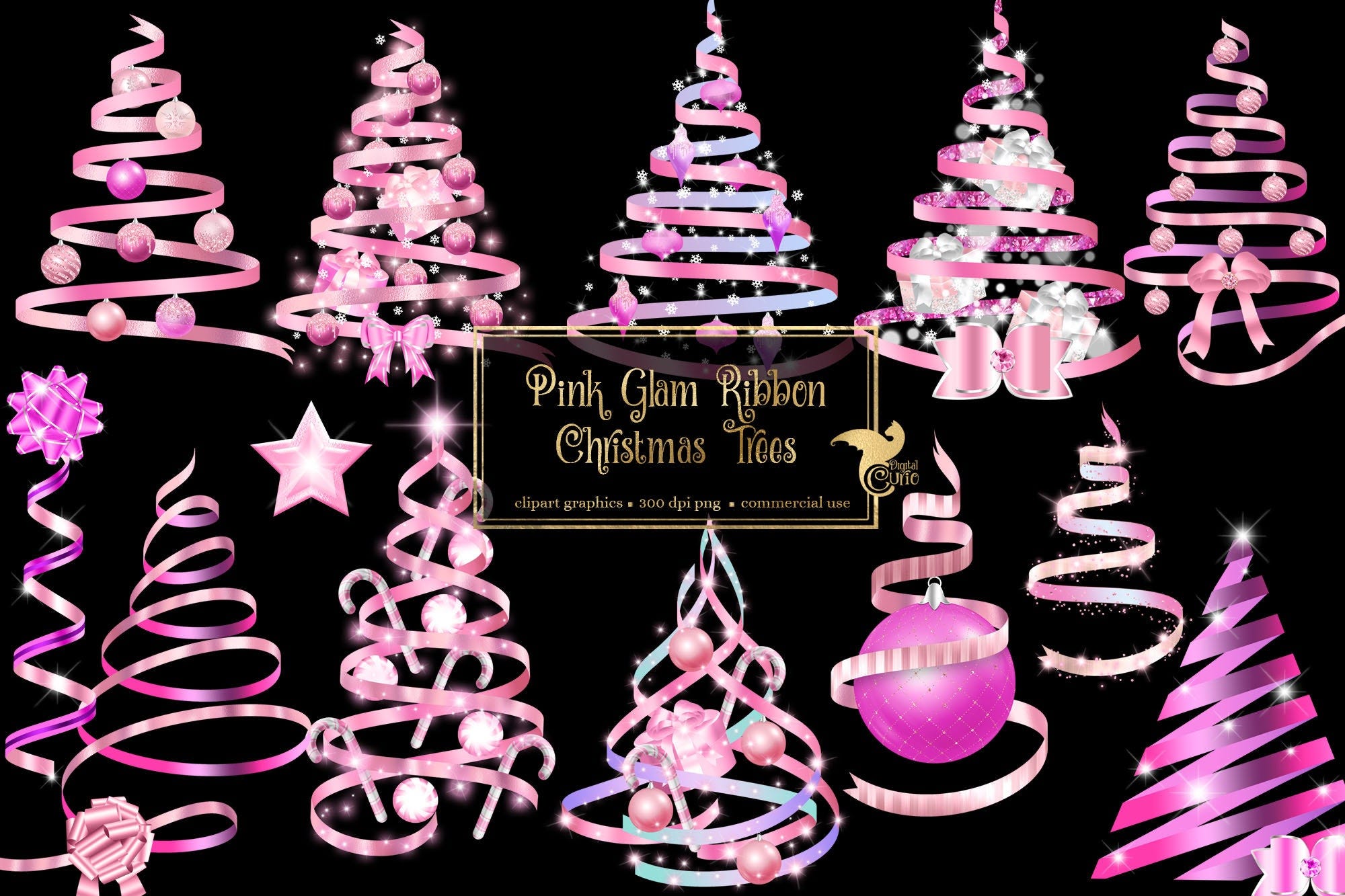 Pink Glam Ribbon Christmas Tree Clip Art - digital holiday glitter png graphics for instant download commercial use
