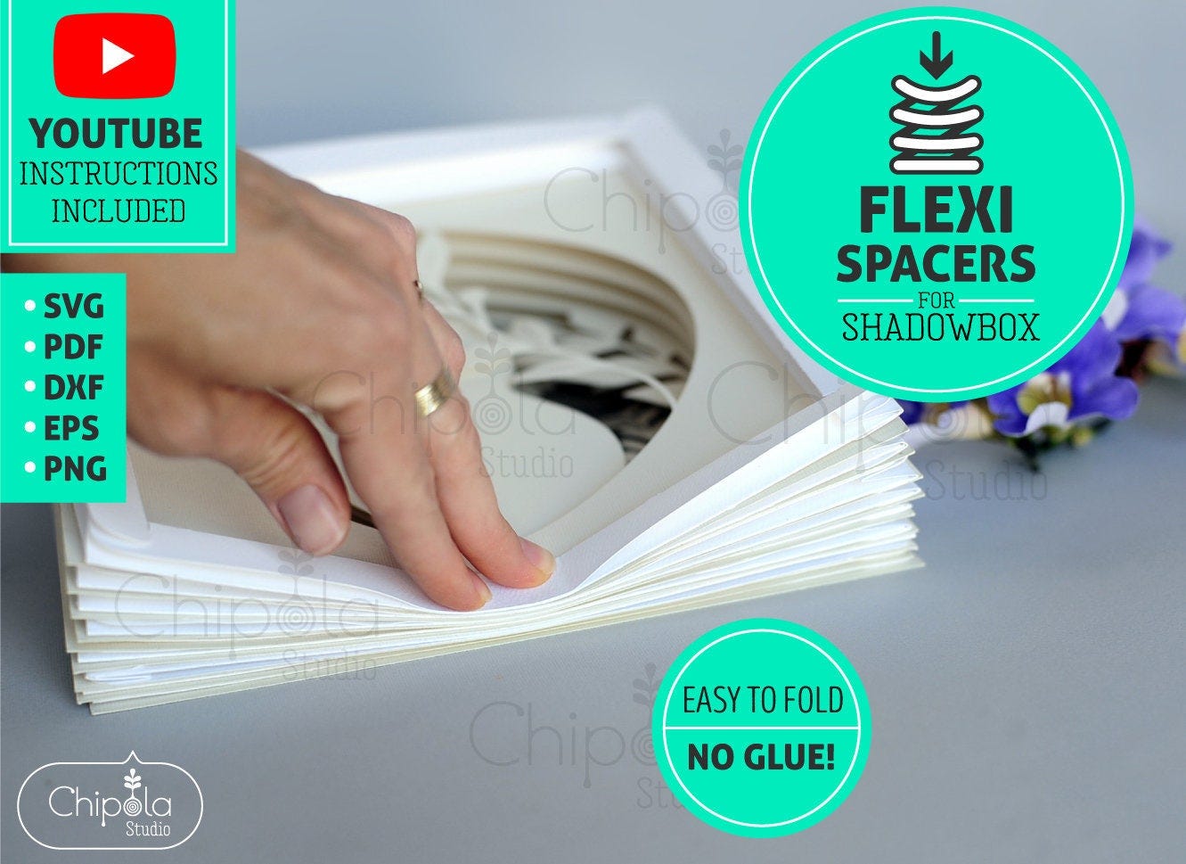 Flexi-Spacers template from cardstock for a layered artwork shadow box. Possible to use with a LED light string. Video instructions.