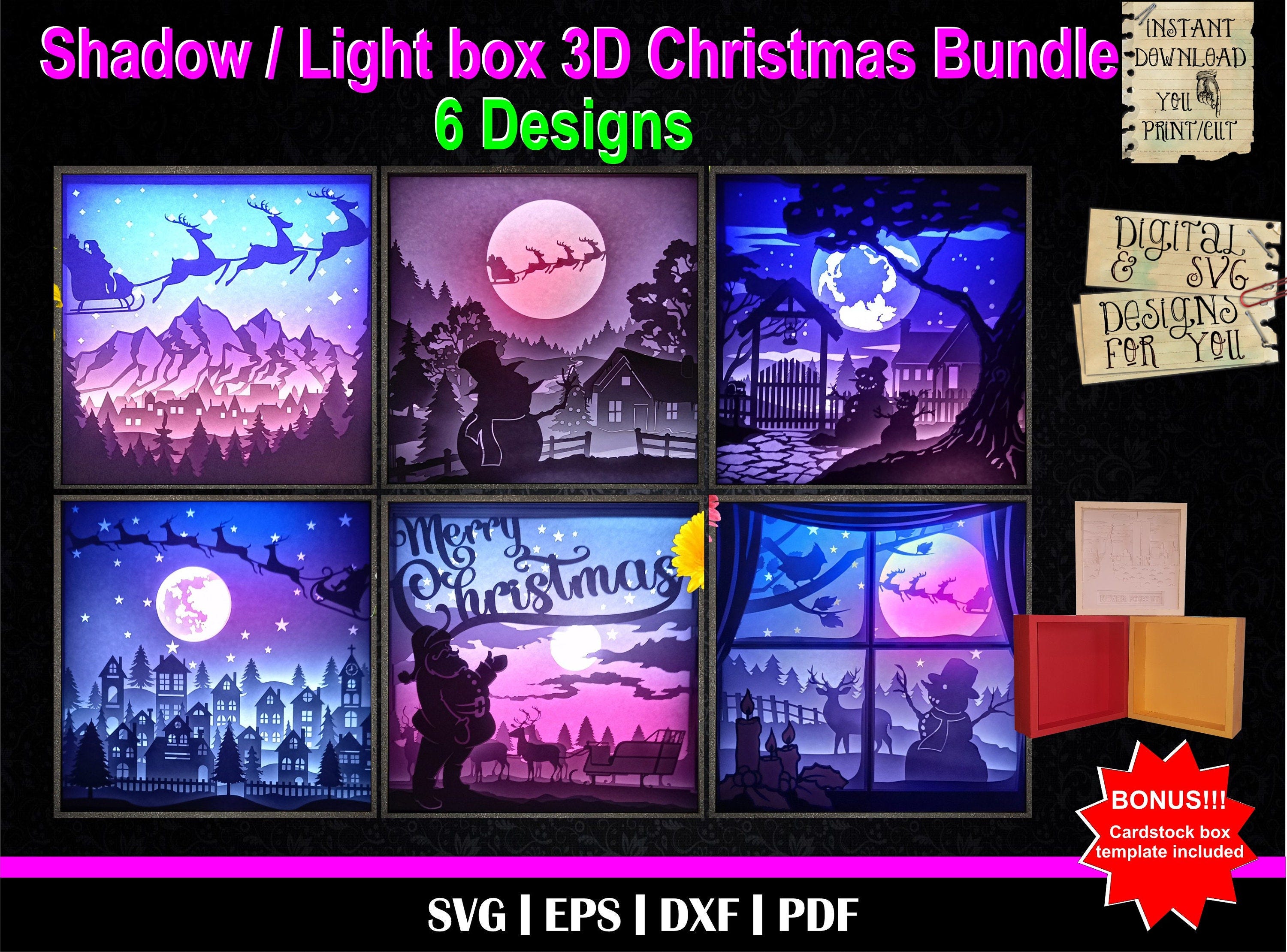 Christmas Bundle - 3D Shadow box templates, 3D Light Box, Santa Claus svg, Xmas svg, Reindeer svg, Snowman svg, Santa