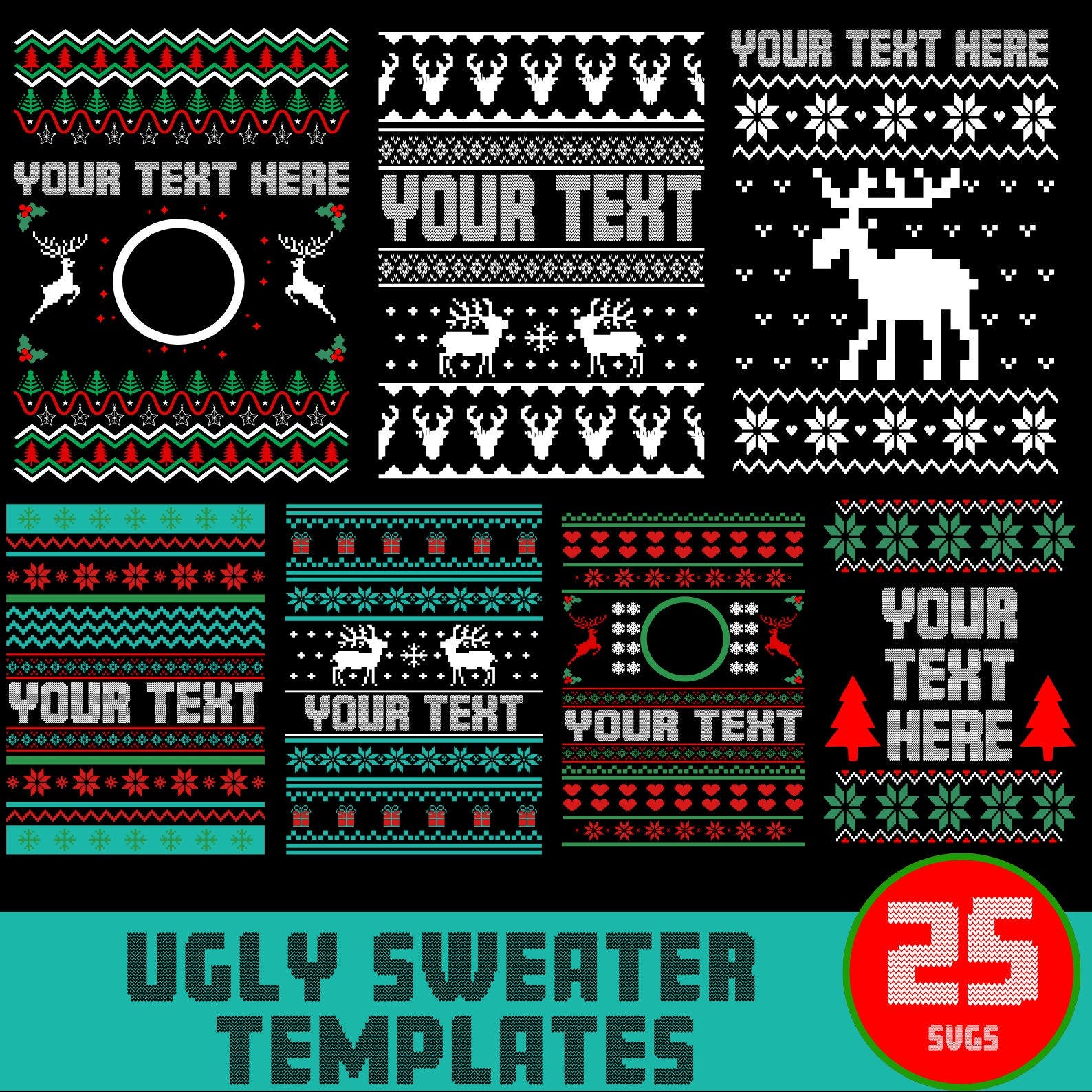 25 Christmas Ugly Sweater Templates, Ugly Sweater Svg, Bundle Svg, Ugly Sweater Svg for Cricut, Silhouette