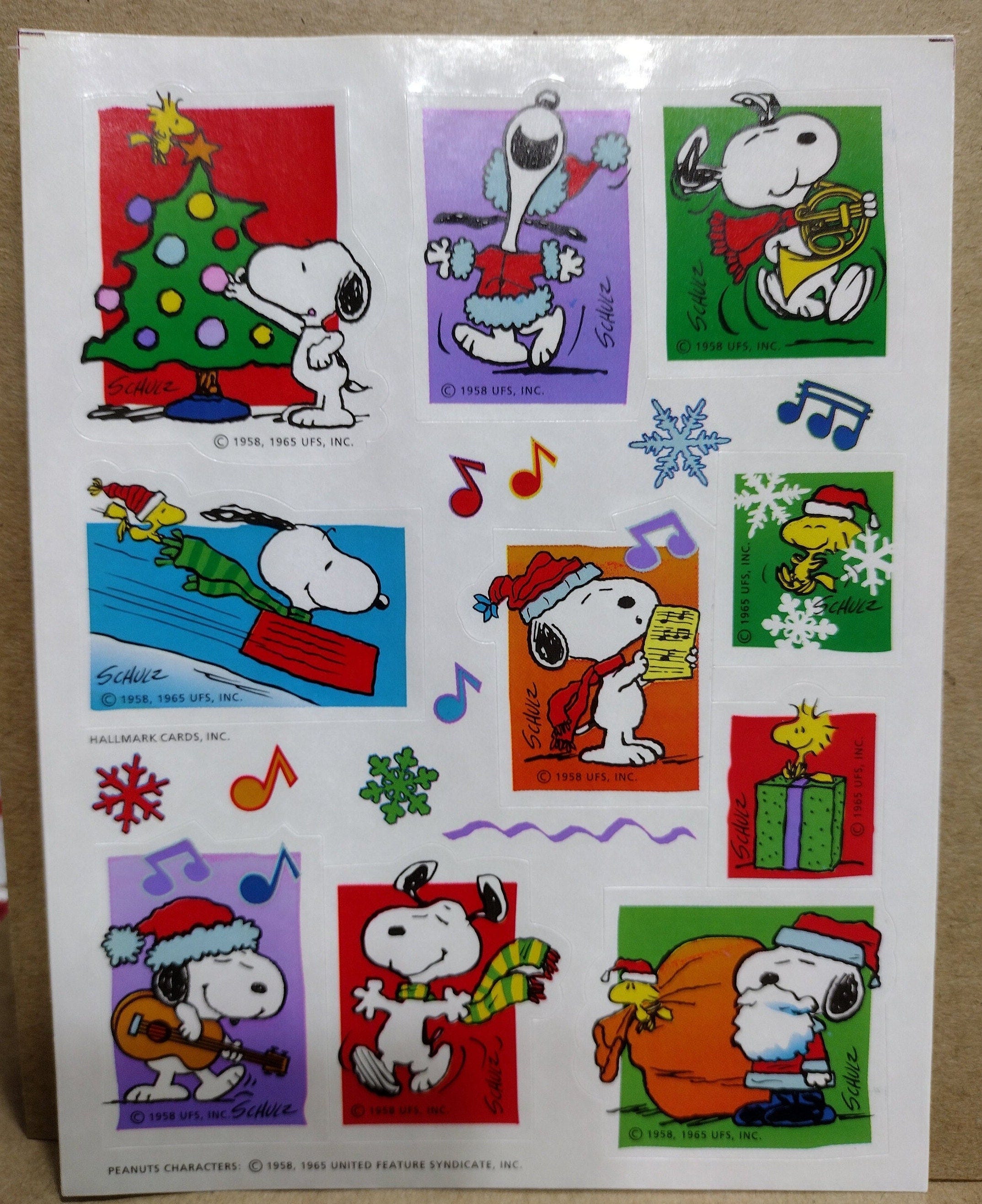 Vintage 1980s 1990s 2000s Sticker Sheet, Hallmark Peanuts Christmas Holiday Sticker Sheet, Snoopy, Music, French Horn, Choir, Guitar