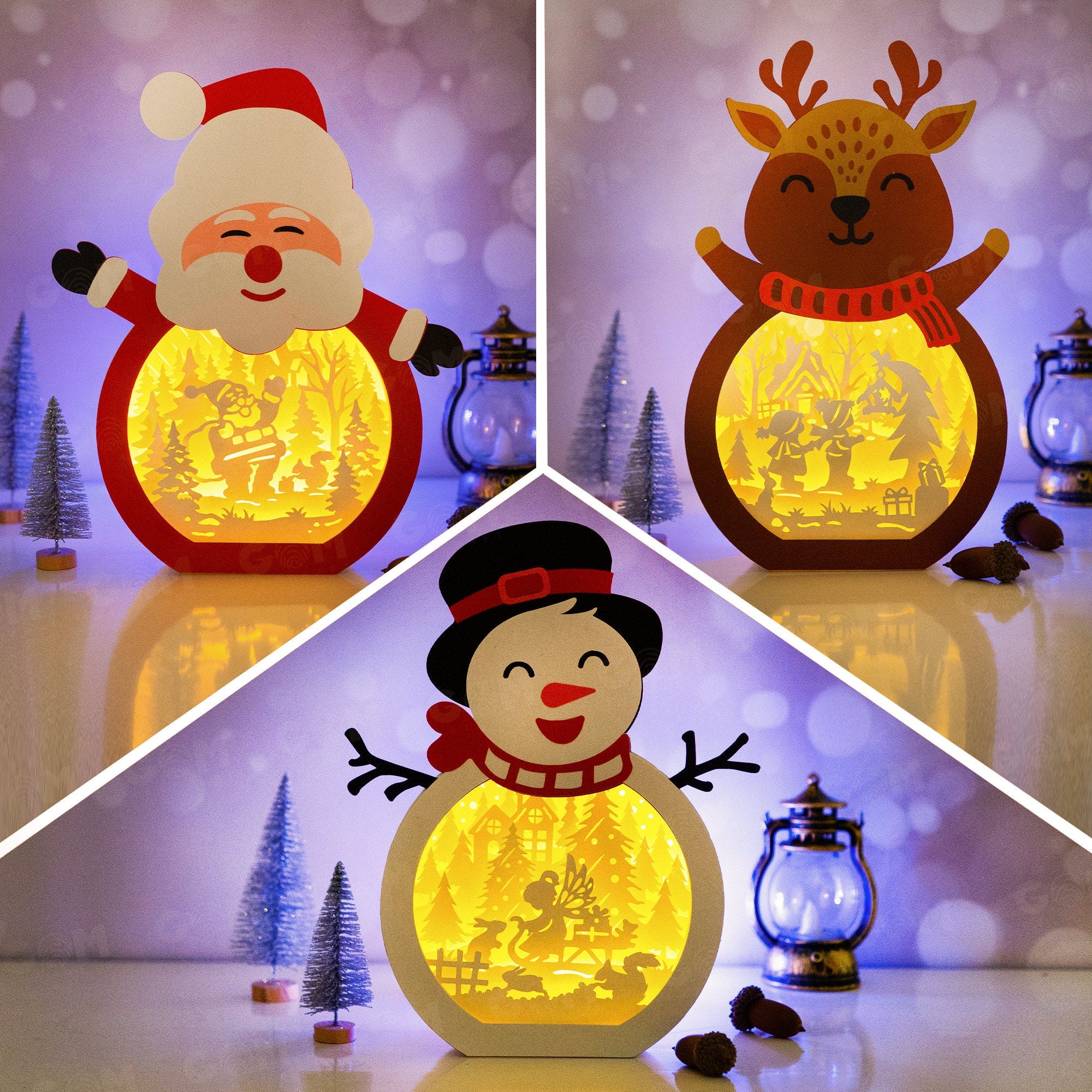 Combo 3 Items Merry Christmas Shadow Box - Santa Claus, Snowman, Reindeer Shadow Box - Paper Cut Template - Light Box SVG File