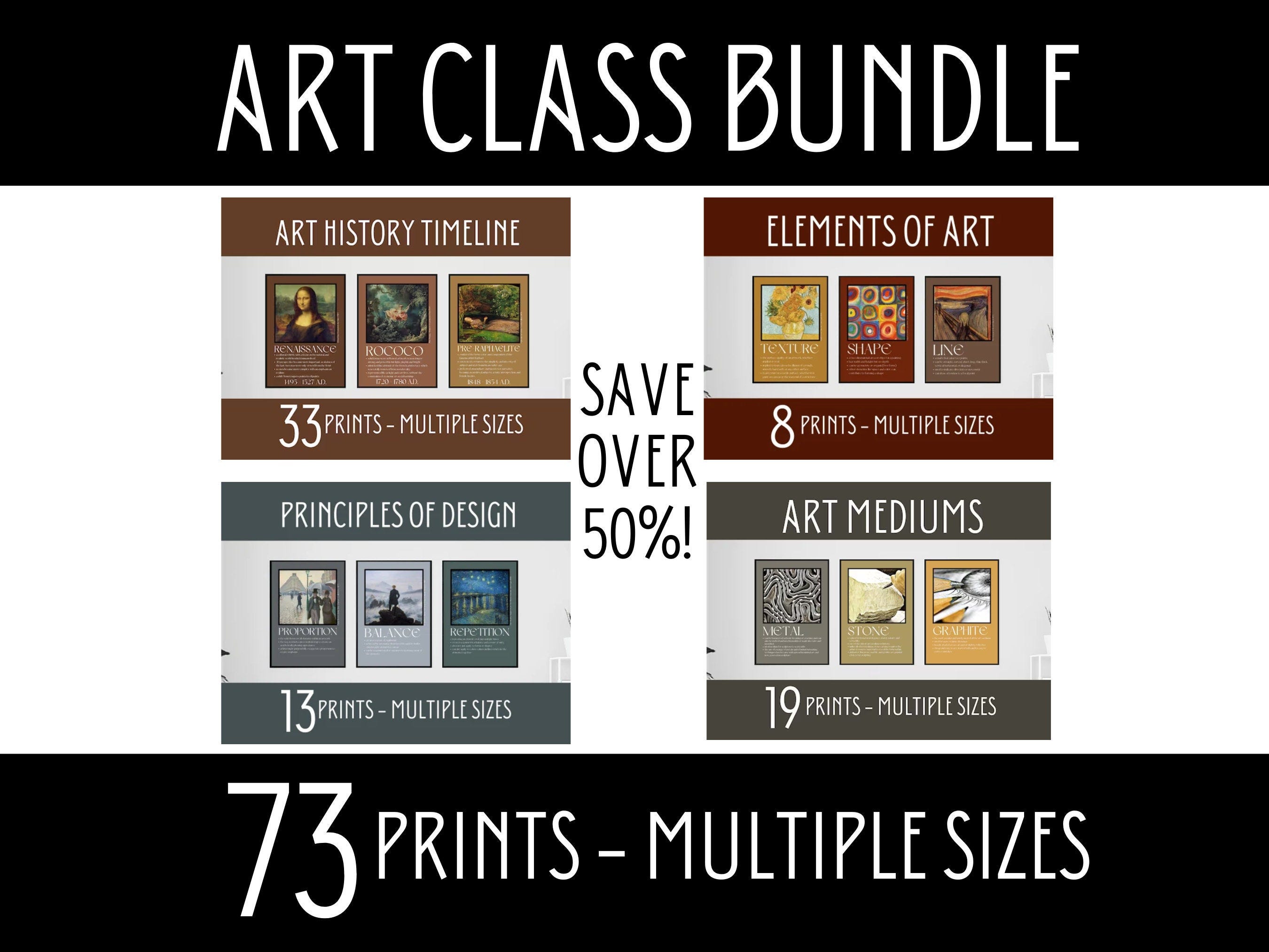 Art Class Bundle, High School Art Classroom Decor, Art History Timeline Posters, Elements of Art, Principles of Design, Art Mediums