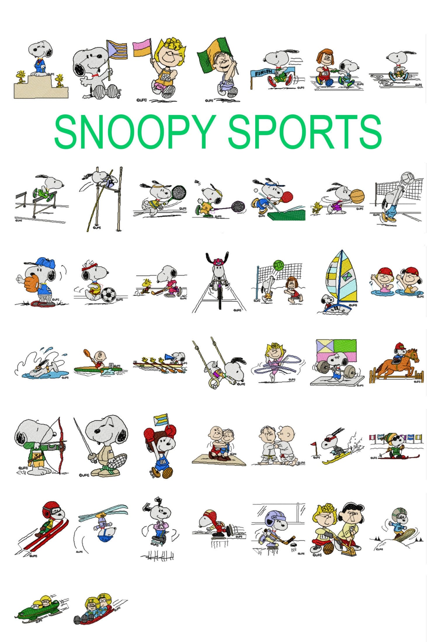 44 Snoopy machine embroidery designs, peanuts embroidery, woodstock pattern, charlie brown, patty linus, sports swimming soccer gymnastics,