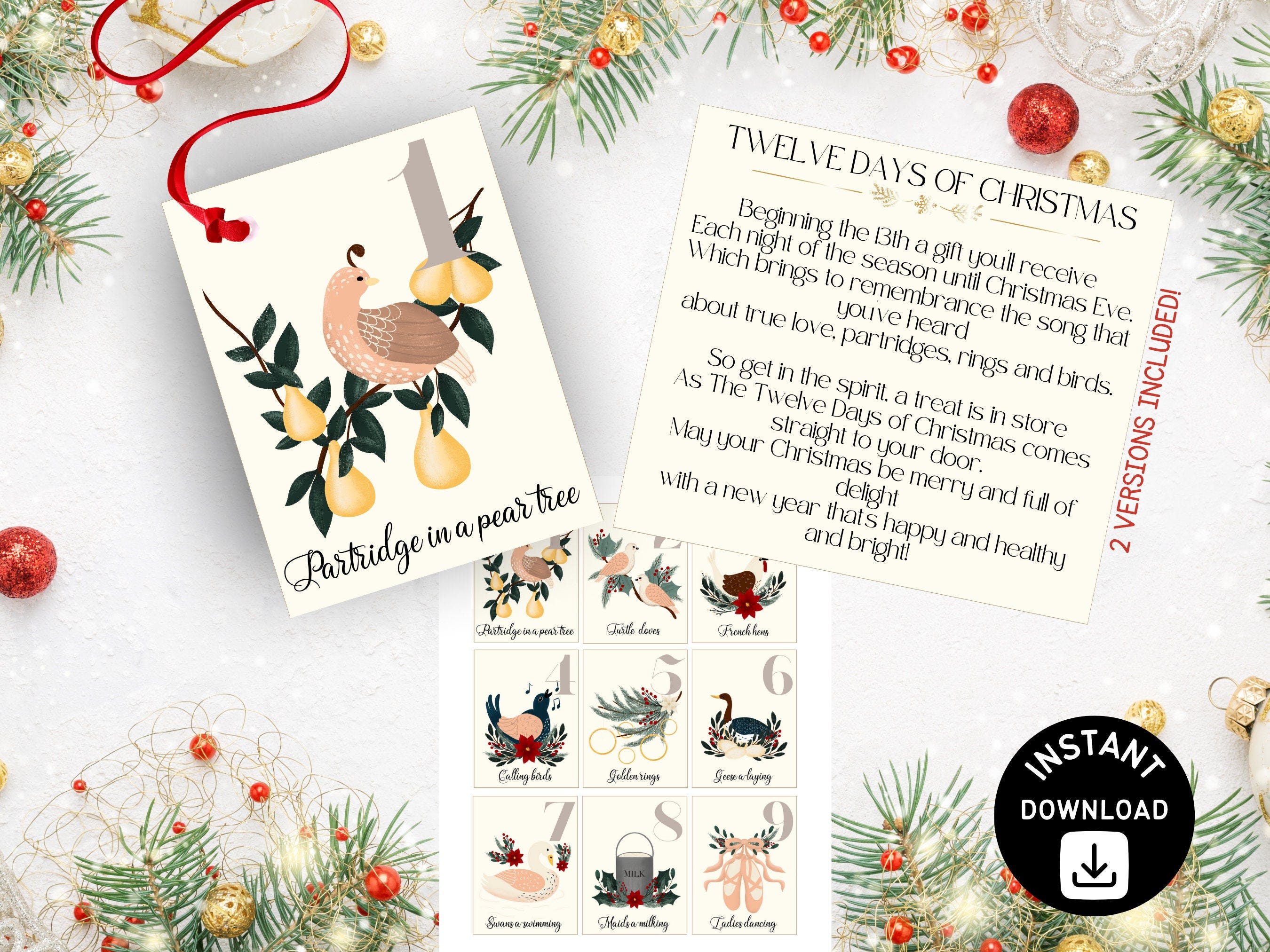 Printable Twelve Days of Christmas Gift Tags, 12 Days of Christmas Poem and Presents, Christmas Tradition Gift Tags, Instant Download