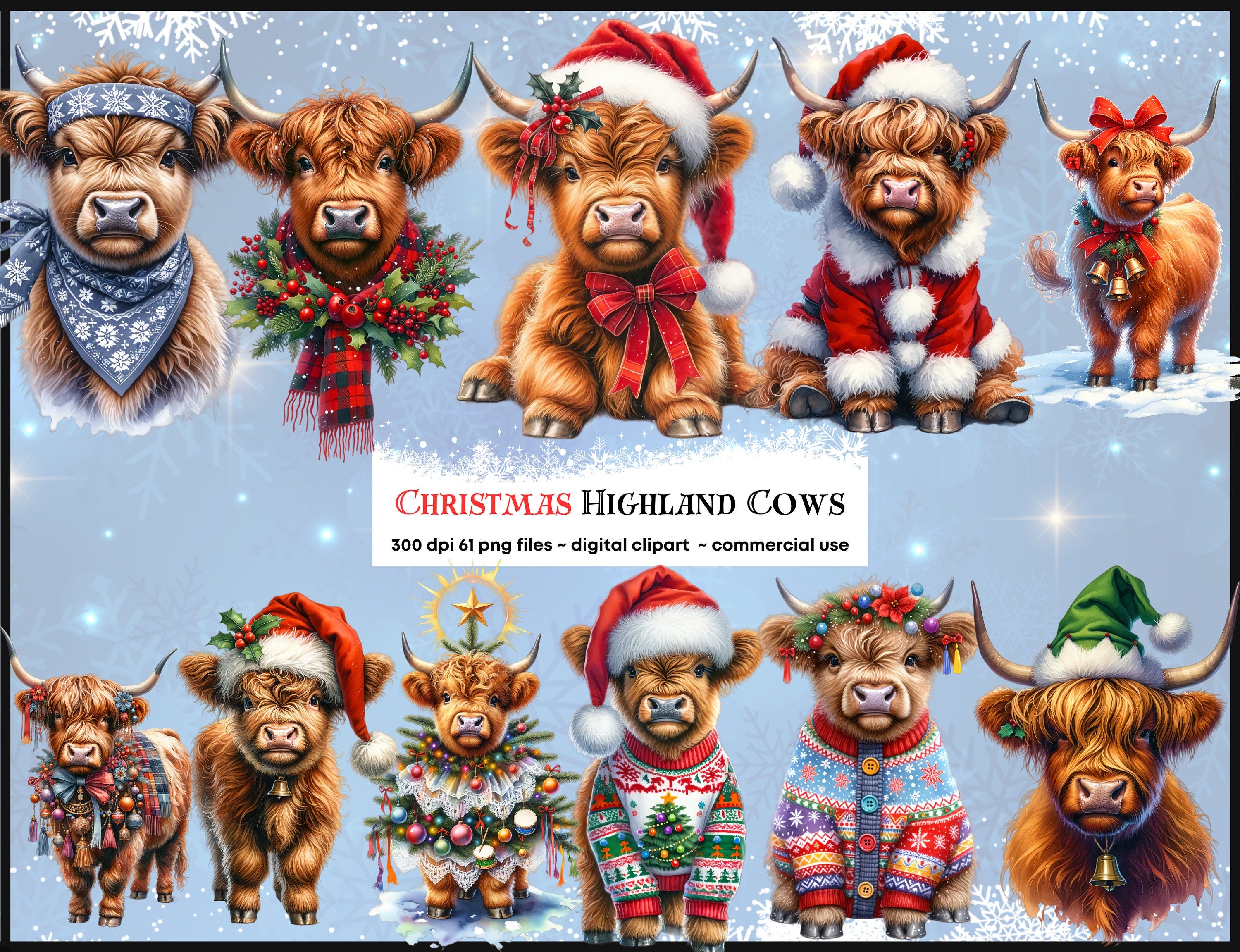 Watercolor Christmas Highland Cows Clipart, XMAS Winter Nursery bundle, PNG Bundle, Digital Download,Card Making, Digital Paper