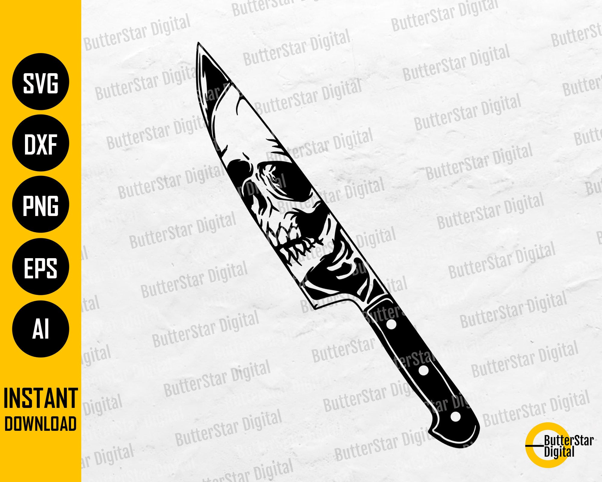 Skull In Knife SVG | Horror Movie T-Shirt Decal Tattoo Stencil Graphics | Cricut Cut Files Silhouette Clip Art Vector Digital Dxf Png Eps Ai
