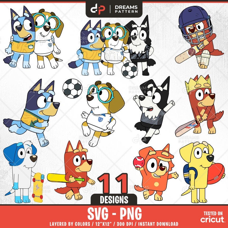 Blue Dog and Friends Sports Svg, 11 Designs Easy to use, Cartoon Characters, Layered Svg by colors, Transparent Png, Cut files for Cricut.