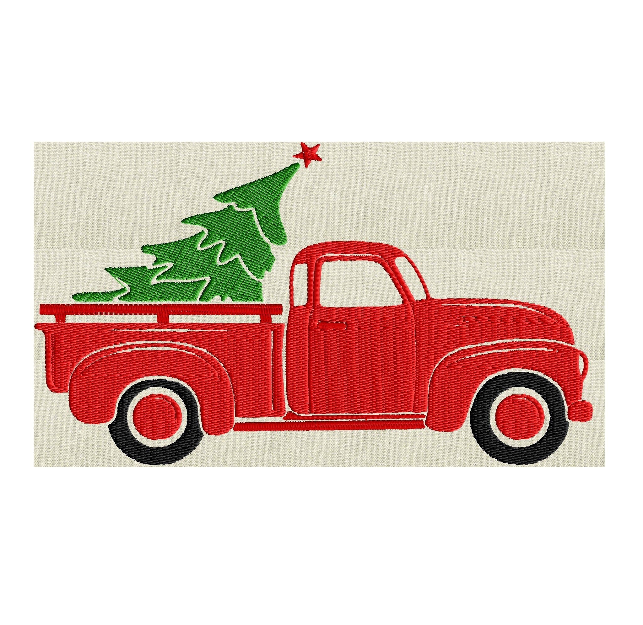 Retro Pickup truck with Christmas Tree - EMBROIDERY DESIGN file - Instant download - Hus Exp Jef Vp3 Pes Dst - 2 sizes