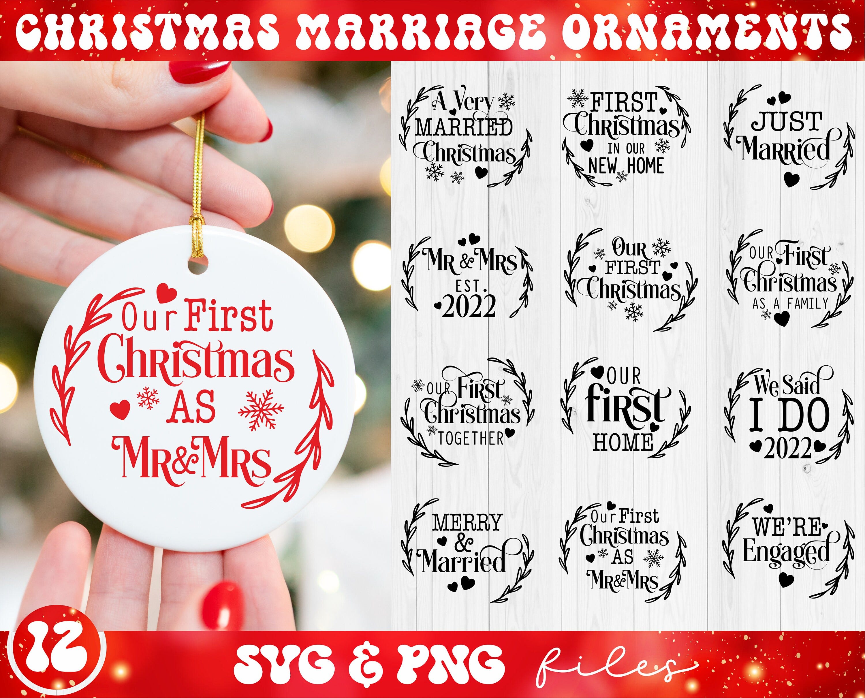 Christmas Marriage Ornaments SVG Bundle, Our First Christmas svg, Christmas Ornament svg, Merry and Married svg