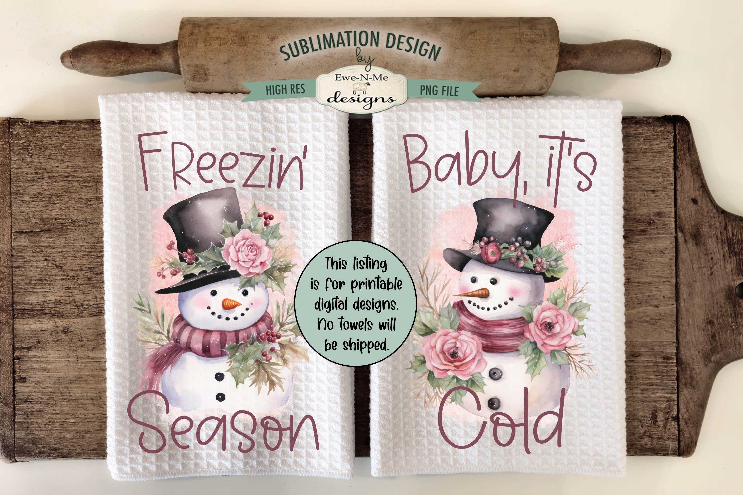 Pink Snowman Kitchen Towel Sublimation Designs -  Baby It