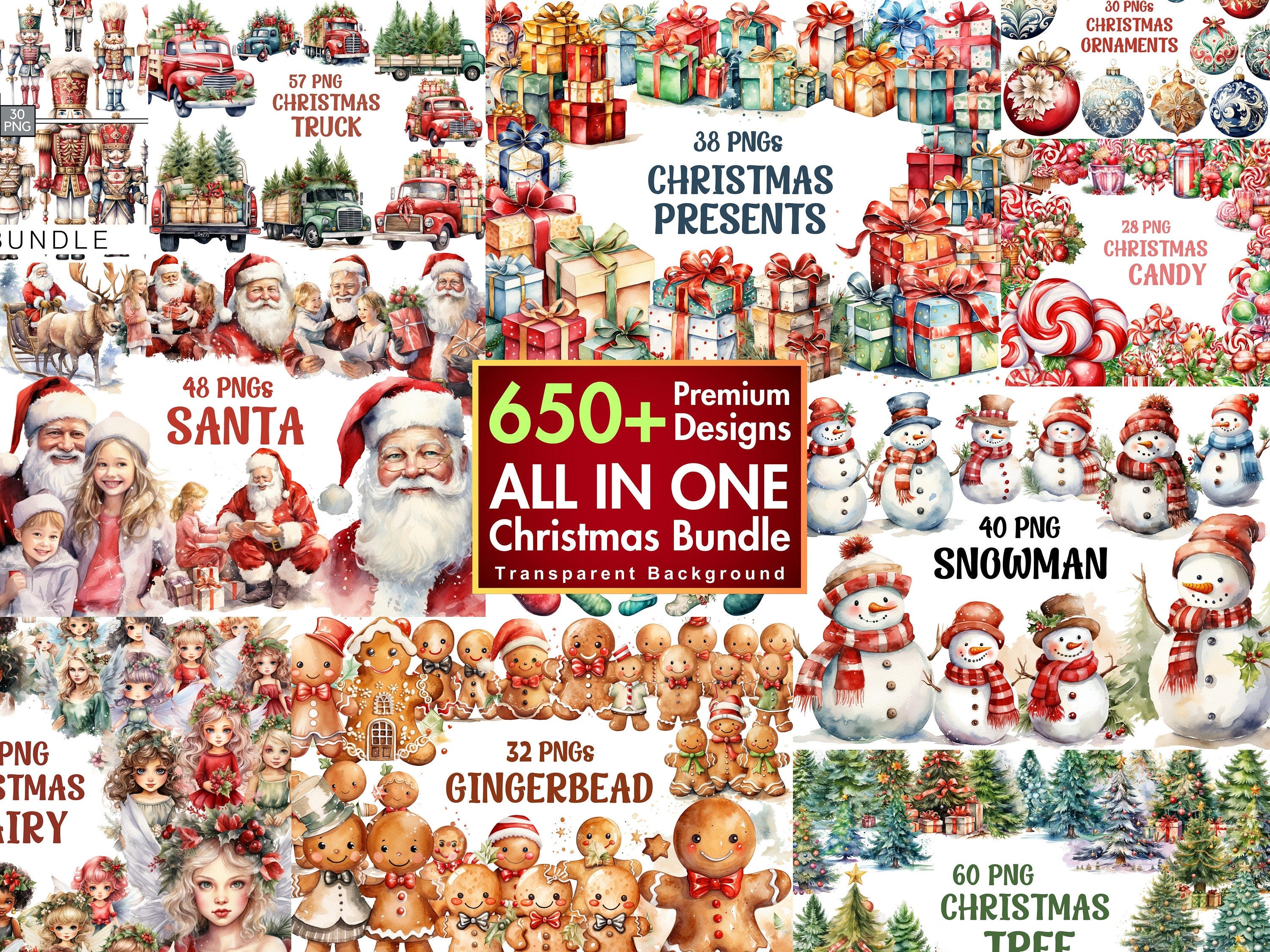 Watercolor Mega Christmas Clipart Bundle, Commercial Use, Transparent Background, 650+ Designs, Premium Package, All in one bundle