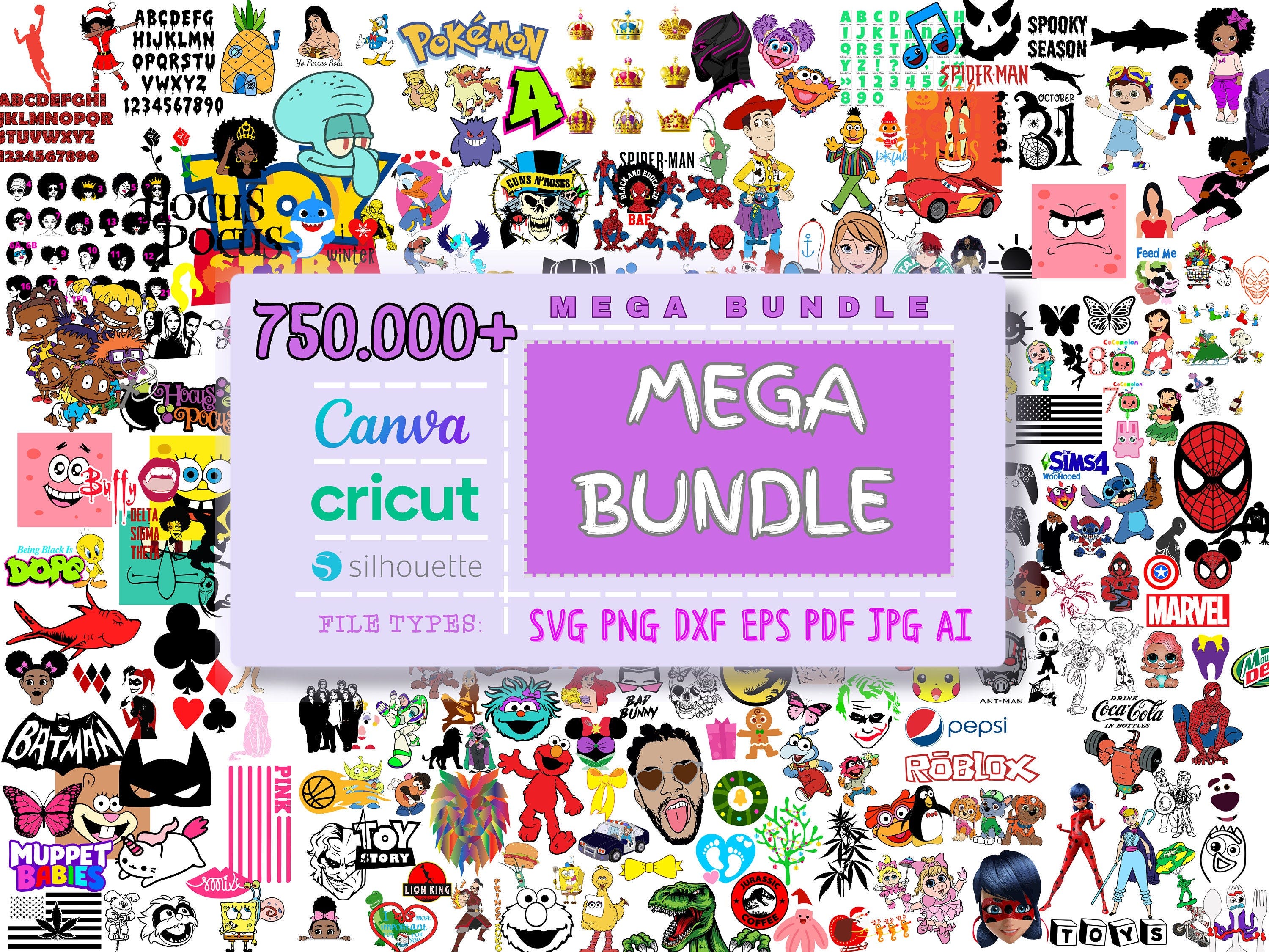 750.000 MEGA BUNDLE, Cartoon, Layered, Unique Design, Tumbler svg, Fonts, Superhero, Movie, Halloween, Chrismas, T-shirt and more..