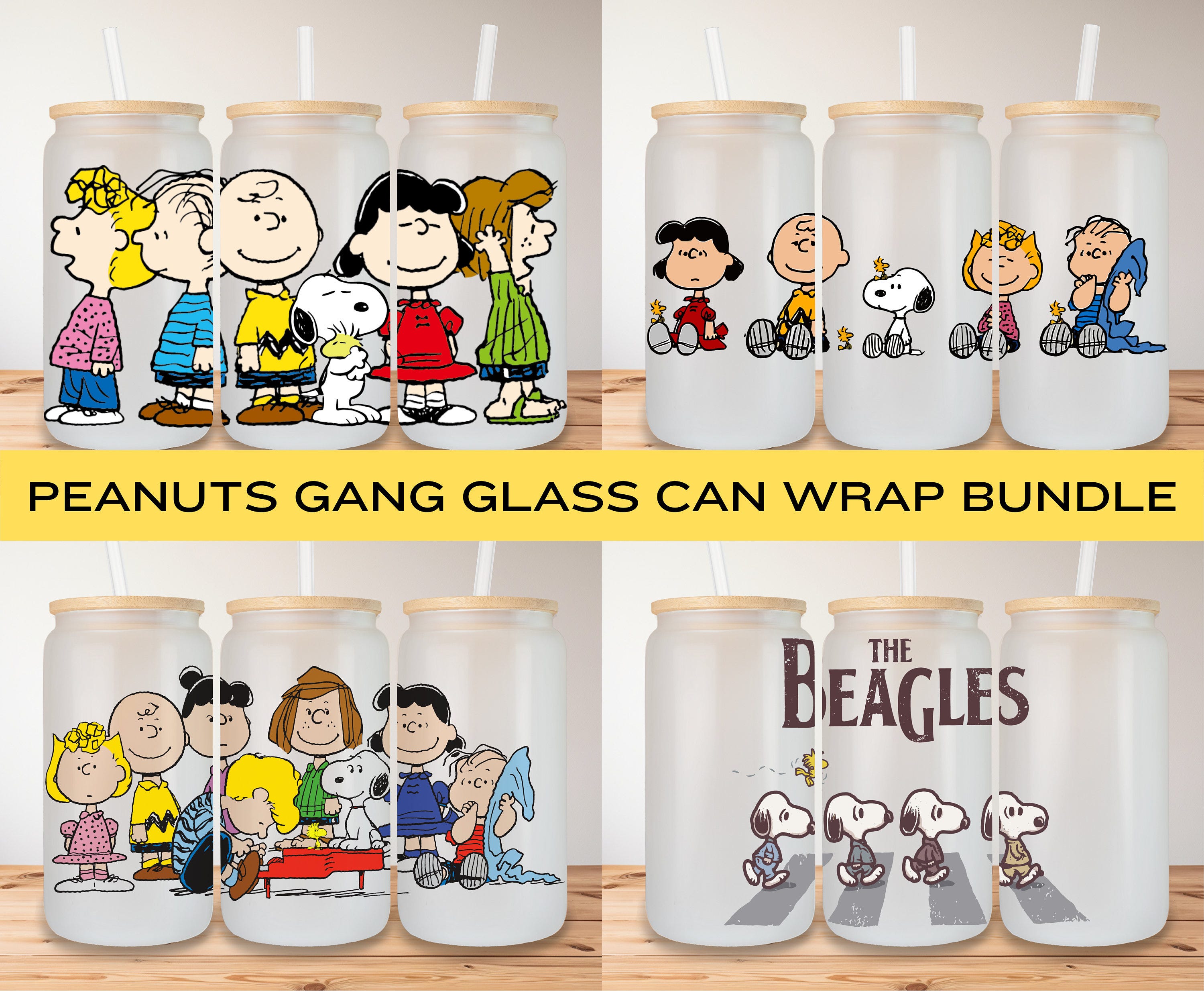 Peanuts Gang 16oz Libby Glass Can Wrap - Snoopy PNG - Peanuts Bundle - Glass Can Full Wrap - Digital Sublimation Design
