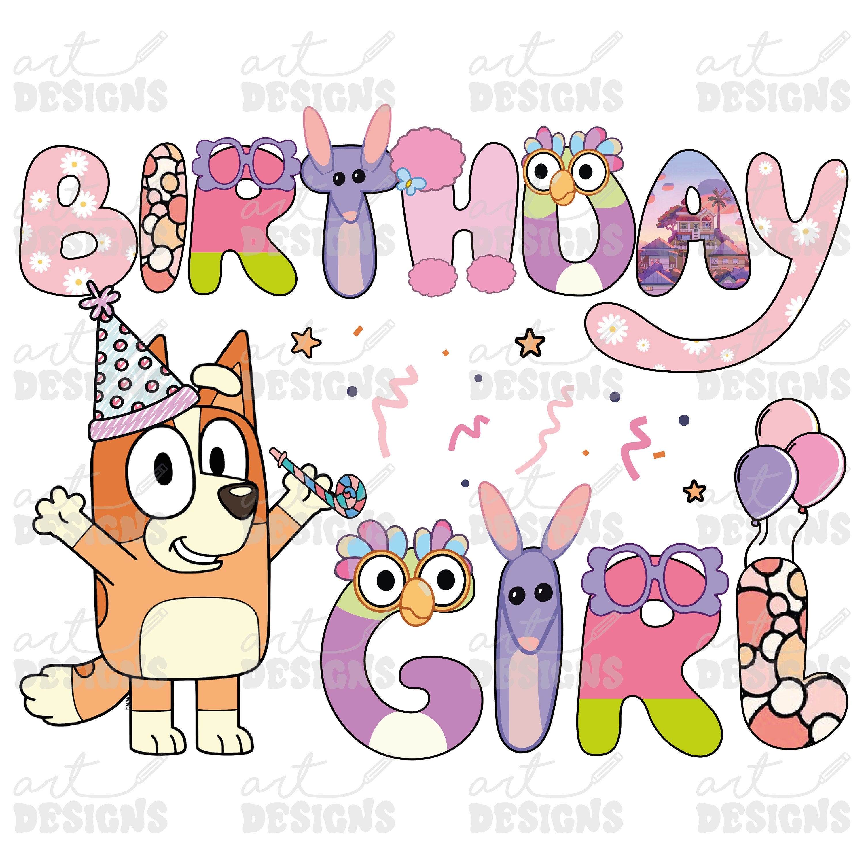 Birthday Girl Pink Dog Clipart Elements, Letters Set, Blue Dog Sublimation Party,  PNG, Family Matching Shirt