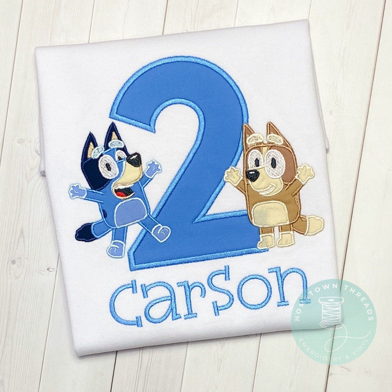 Blue Dog Show Character Birthday Applique Embroidered Shirt