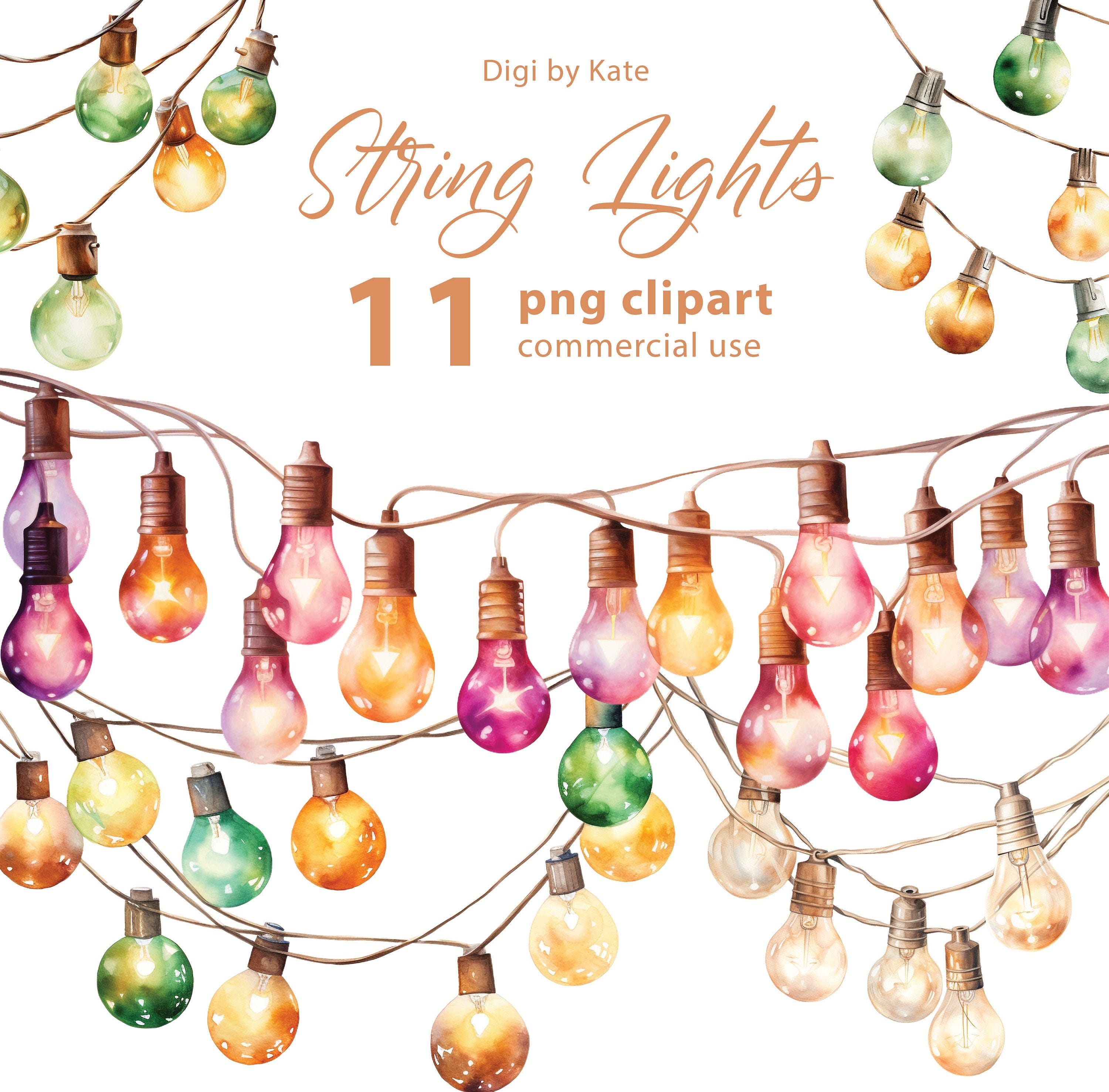 String Lights 11 PNG Clipart Set, Fairy Lights Watercolor, Colorful Party Holiday String Lights, Junk Journals, Transparent Background