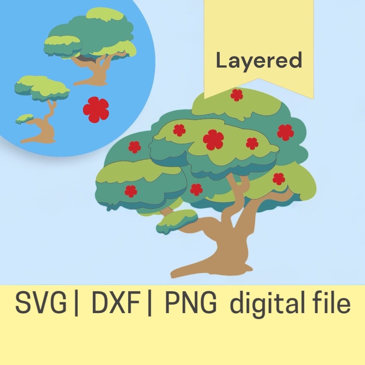 Layered Tree, Simple Digital File| SVG and DXF and PNG| Cupcake Cake topper| Paper cut file| Park| Backyard | Tree house| Cartoon| Blue Dog