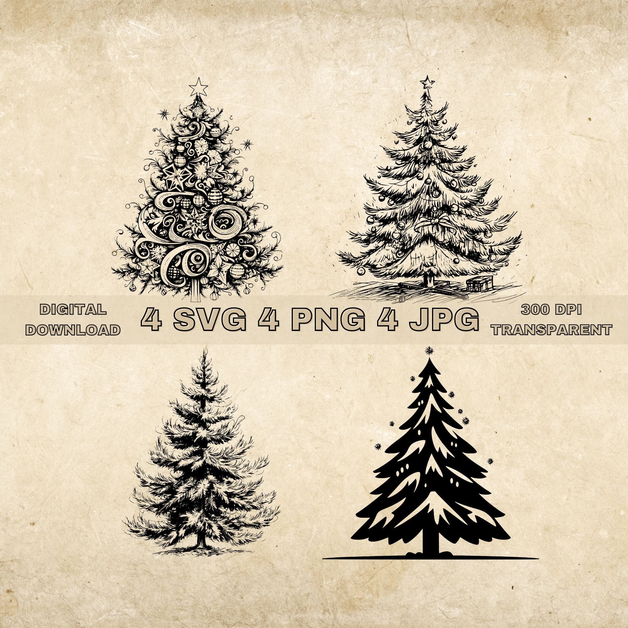 Christmas Tree SVG Bundle, PNG, Decorative Christmas Clipart, Hand Drawn Winter Trees Vector Illustration, SVG Files For Laser Engraving