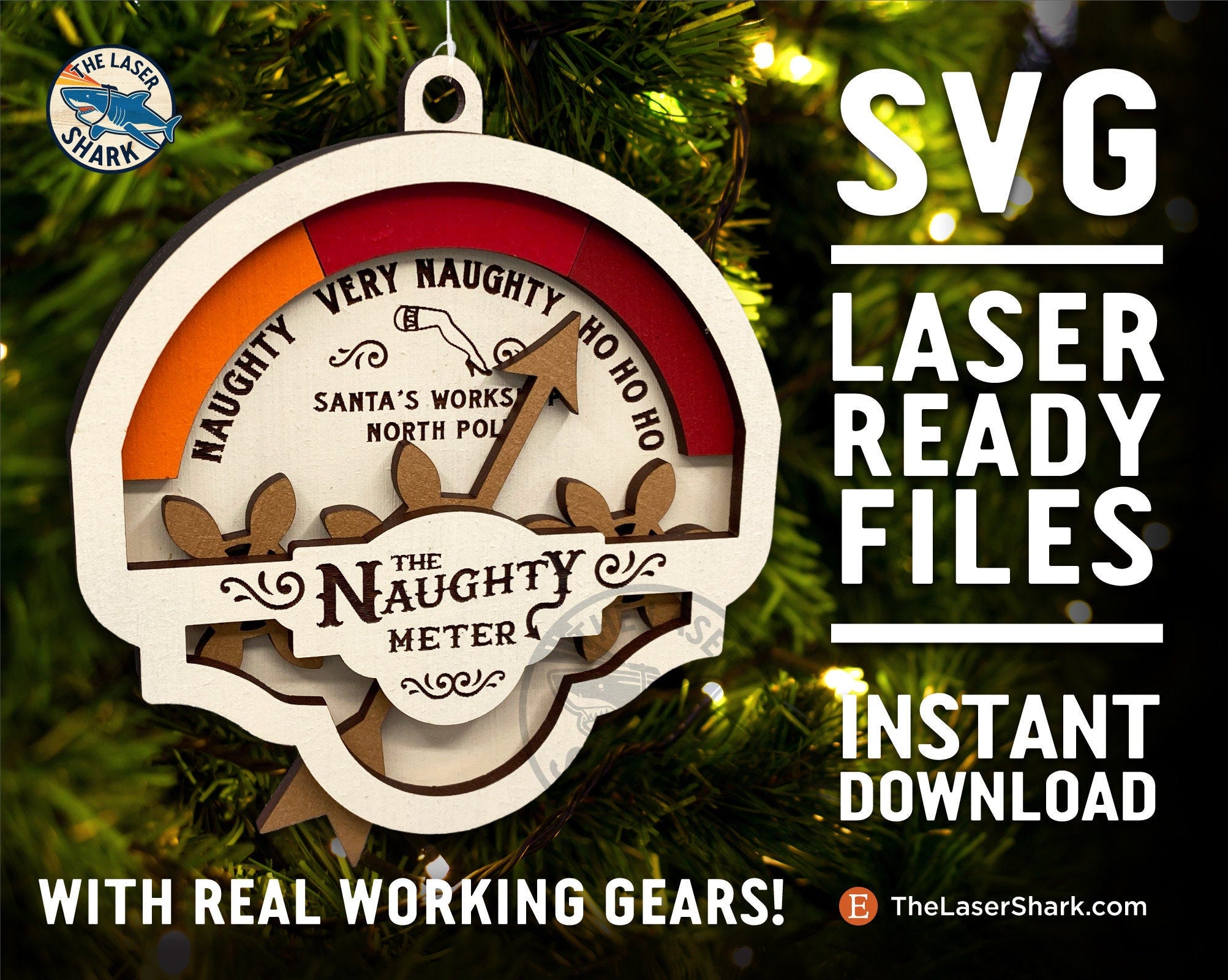 NAUGHTY METER Ornament SVG -  Laser cut files for Glowforge Laser - Christmas Holidays Ho Ho Ho Funny Gag Santa Nice Gift Gauge Gears