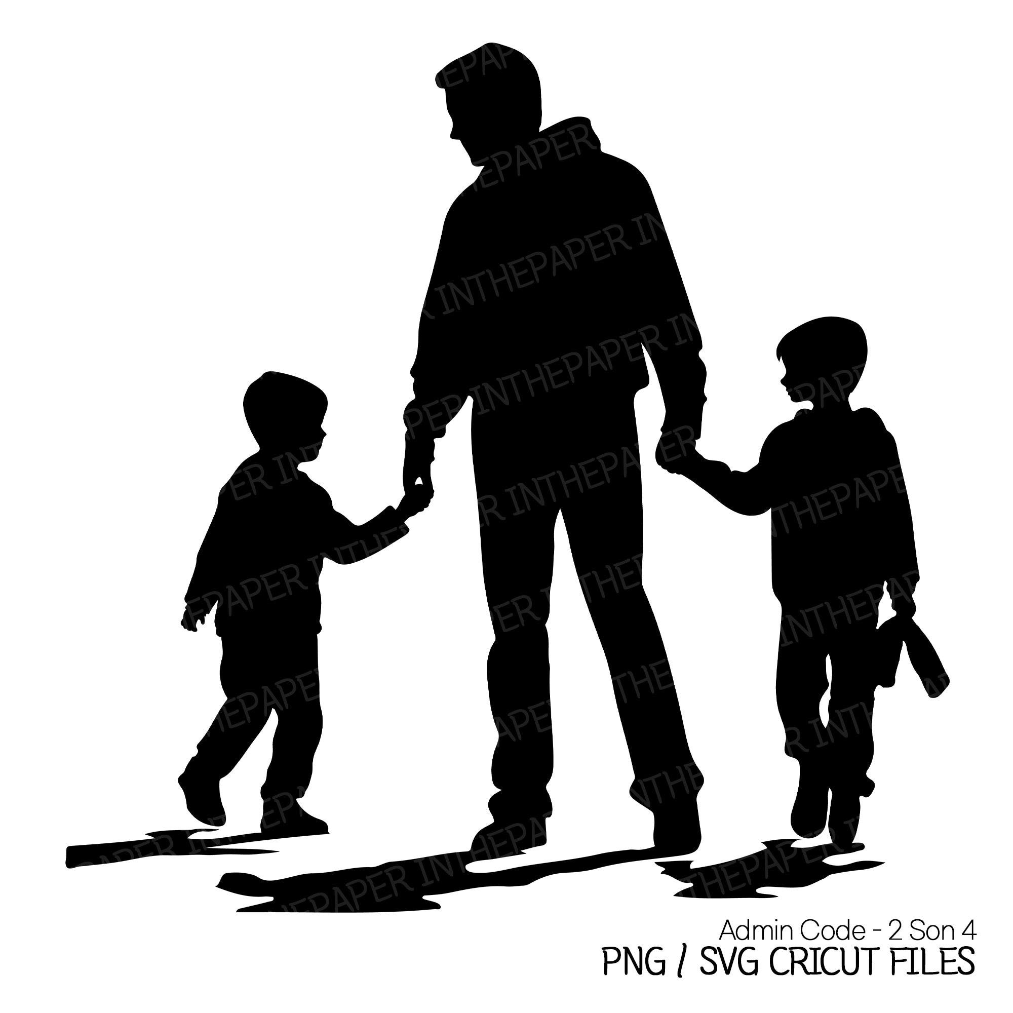 Dad Walking Hand In Hand With His Two Sons | Fathers Day PNG, Silhouette SVG, Black And White, Boy Clip Art, Children, Kid, brother, sibling