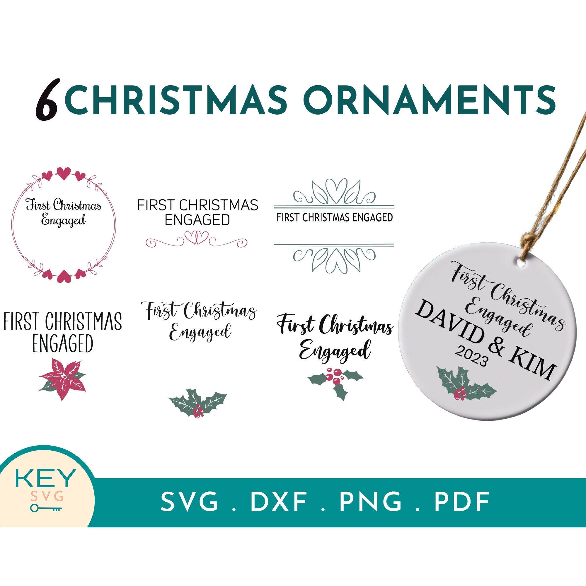 First Christmas Engaged Ornament Personalized Png, Our First Christmas Ornament Engaged Png, Flower Ornament Template, Couples Ornament