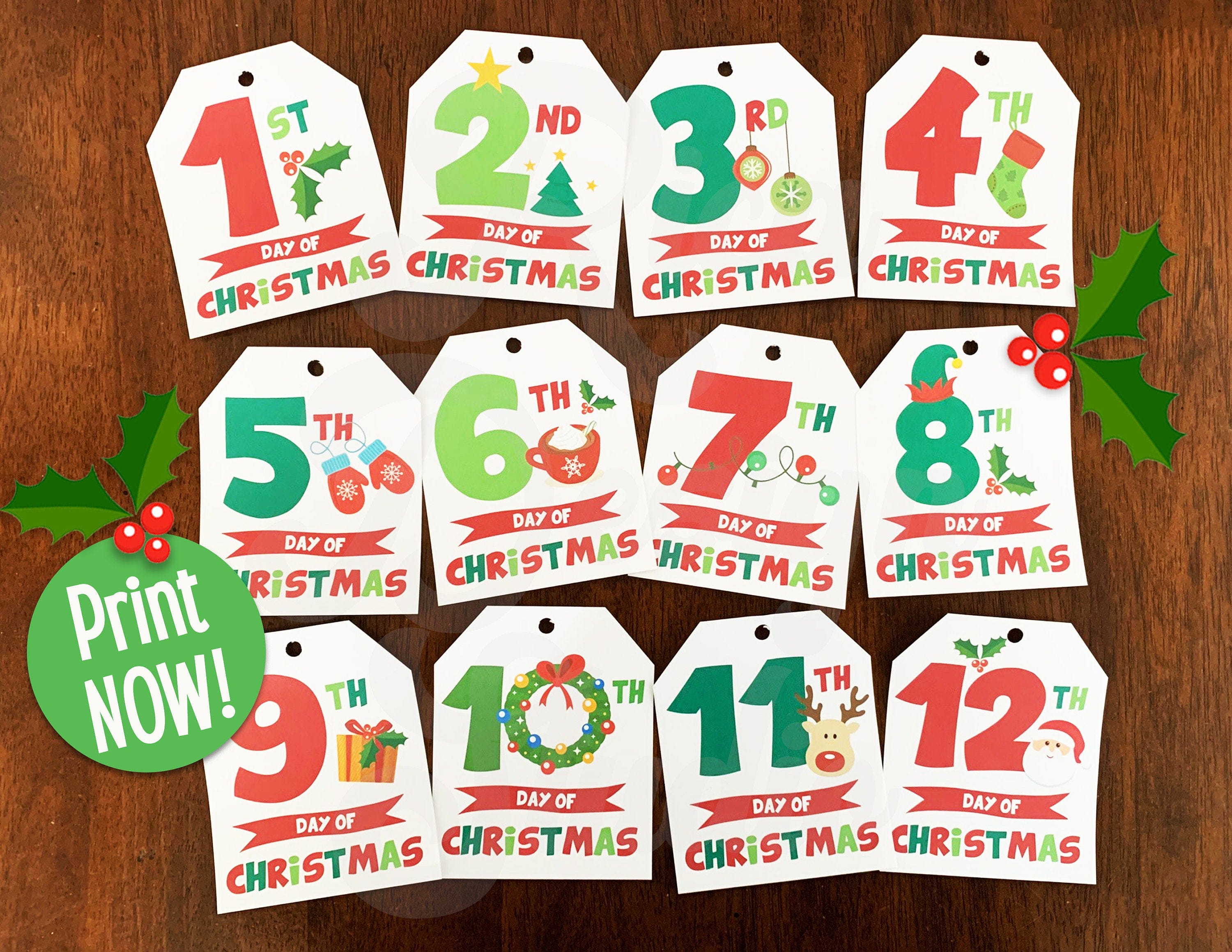 12 Days of Christmas Printable Gift Tags - Twelve Days of Christmas - Kids Treats, Party favors Instant Download PDF