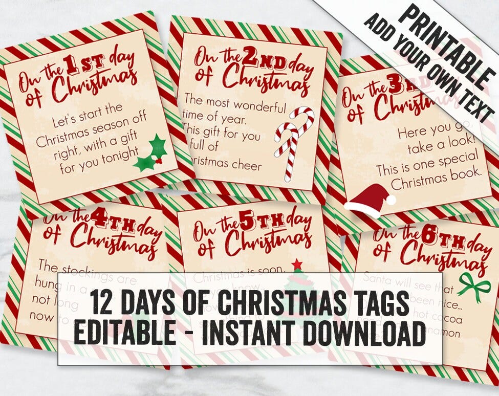 12 days of Christmas Editable tags, Printable 12 days of Christmas gift tags, Add your own text, Christmas tags, 12 days christmas gift tags