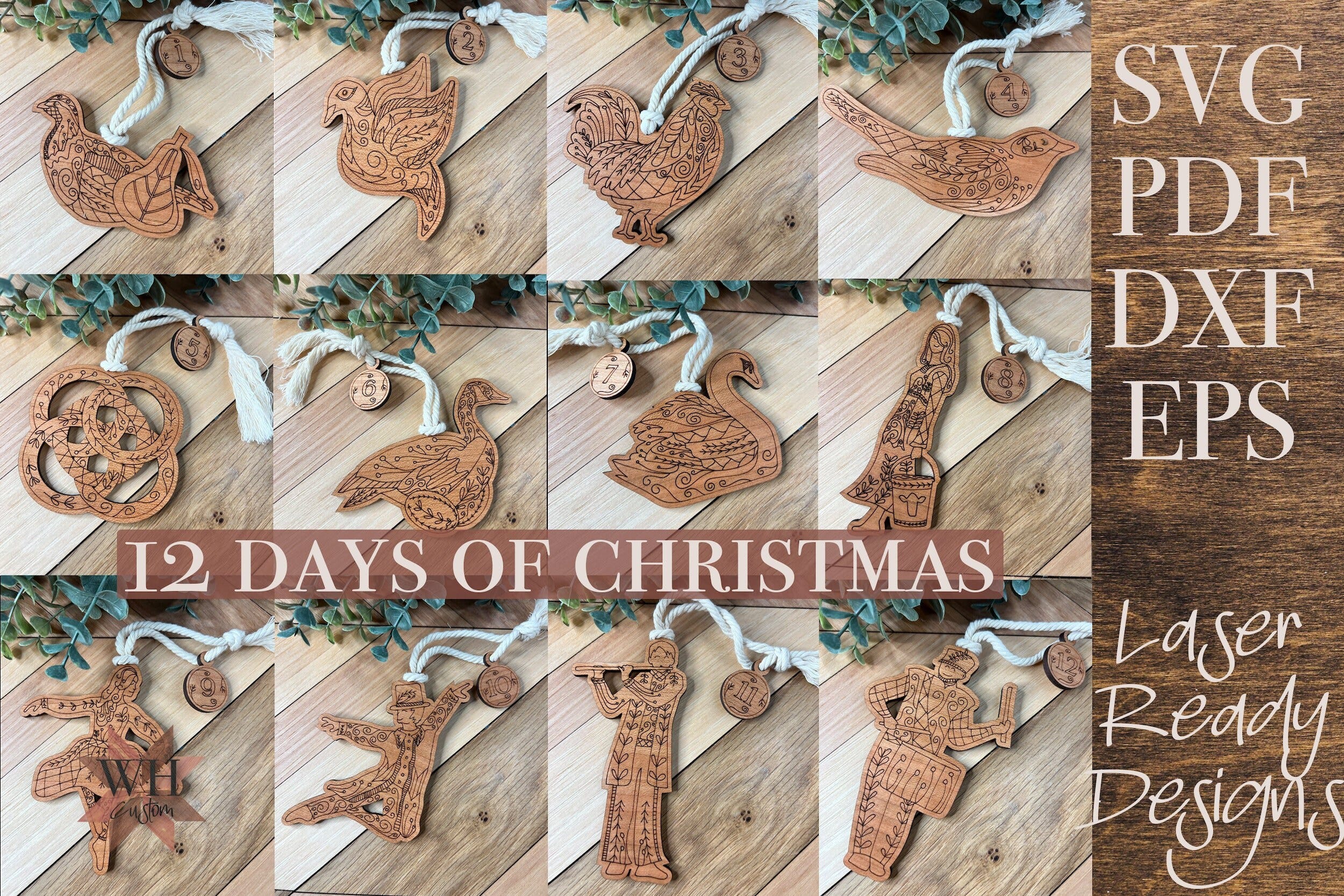 Ornaments SVG laser cut files - 12 Days of Christmas for lasers like Glowforge - boho whimsical doodle - scored design - welcome home custom