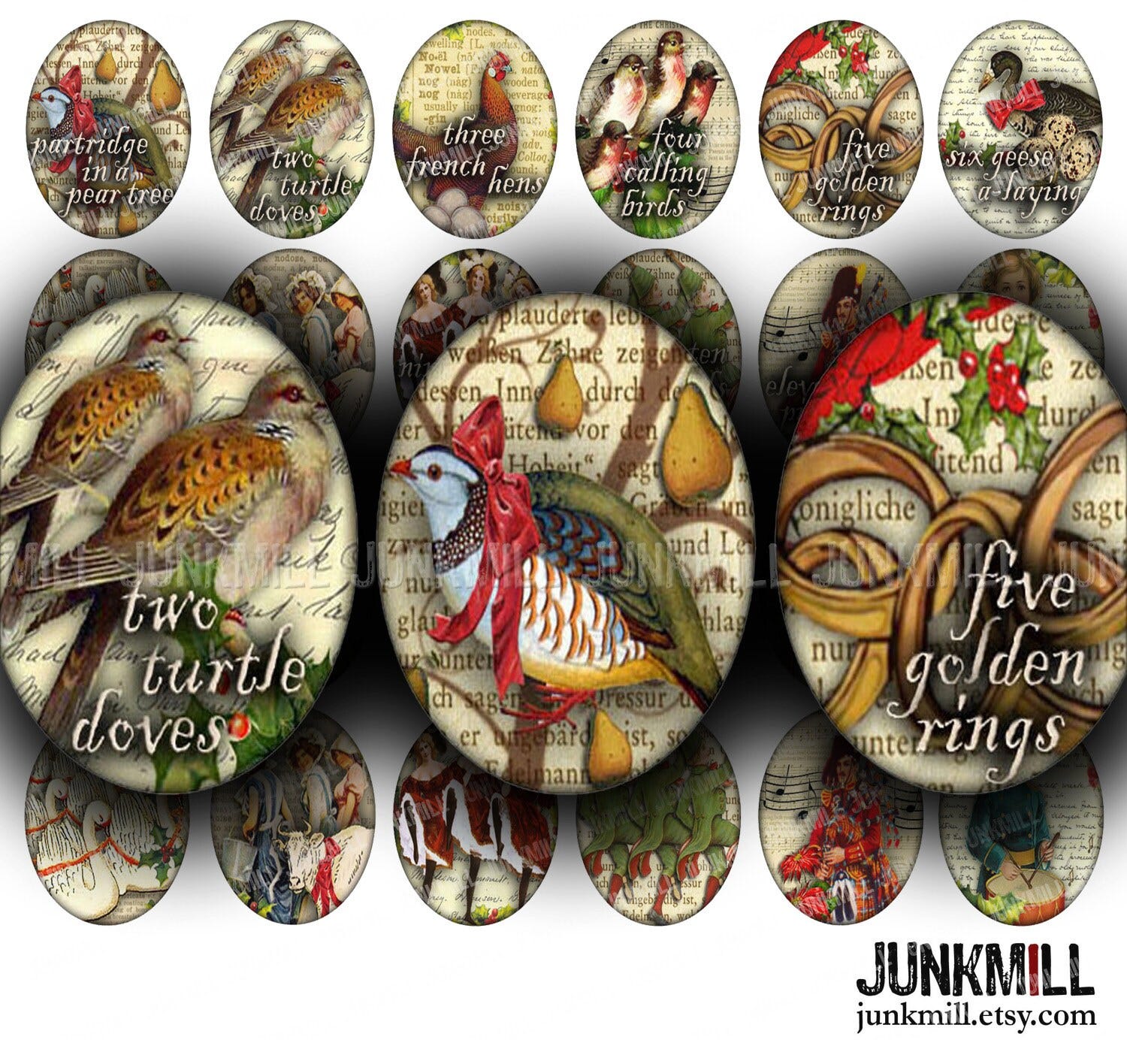 12 DAYS OF CHRISTMAS - Digital Printable Collage Sheet - Vintage Twelve Days of Christmas, Partridge in a Pear Tree, 30 x 40 mm Ovals