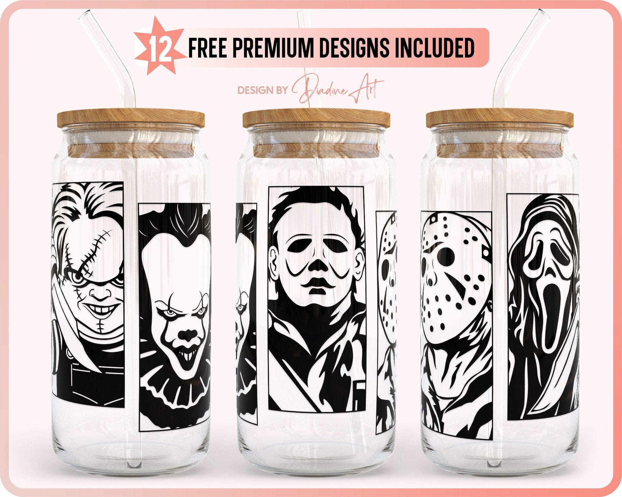 20oz Libbey Can Glass Horror Movies SVG PNG, Halloween Horror Full Wrap For Libbey Can Shaped Beer Glass, Printable, Cricut, Silhouette