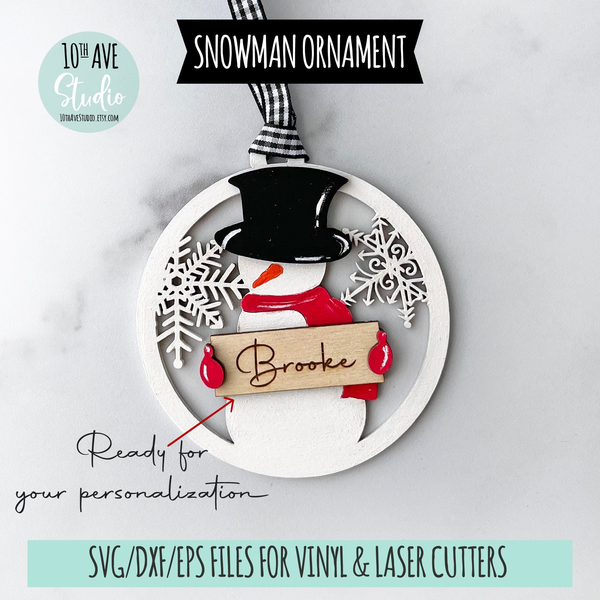 Snowman Ornament With Customizable Sign Christmas Layered Holiday Ornament SVG and DXF Files for Lasers Glowforge and Cricut Silhouette