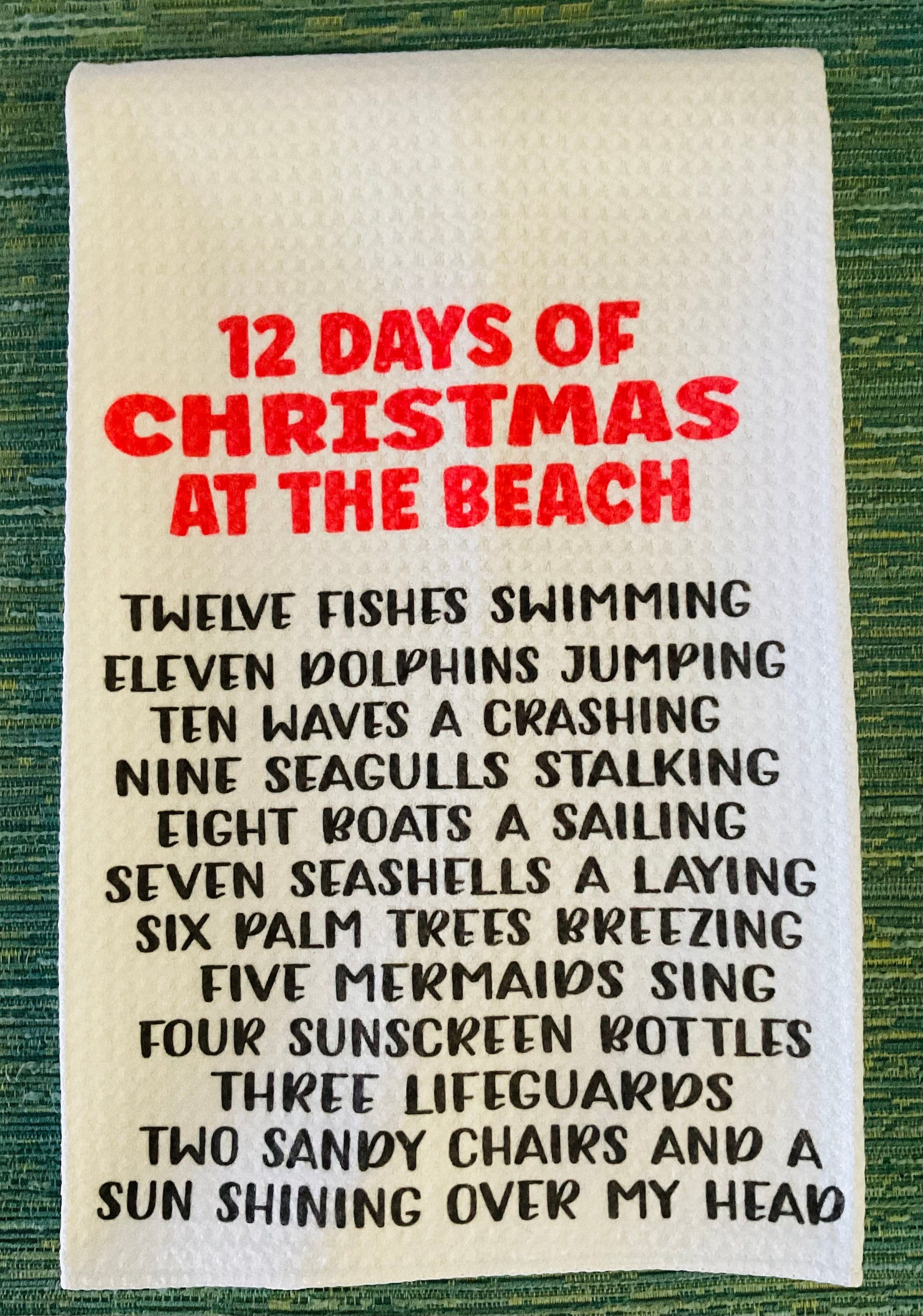 12 Days of Christmas at The Beach White Waffle Knit/Weave Decorative Towel/Kitchen Towel
