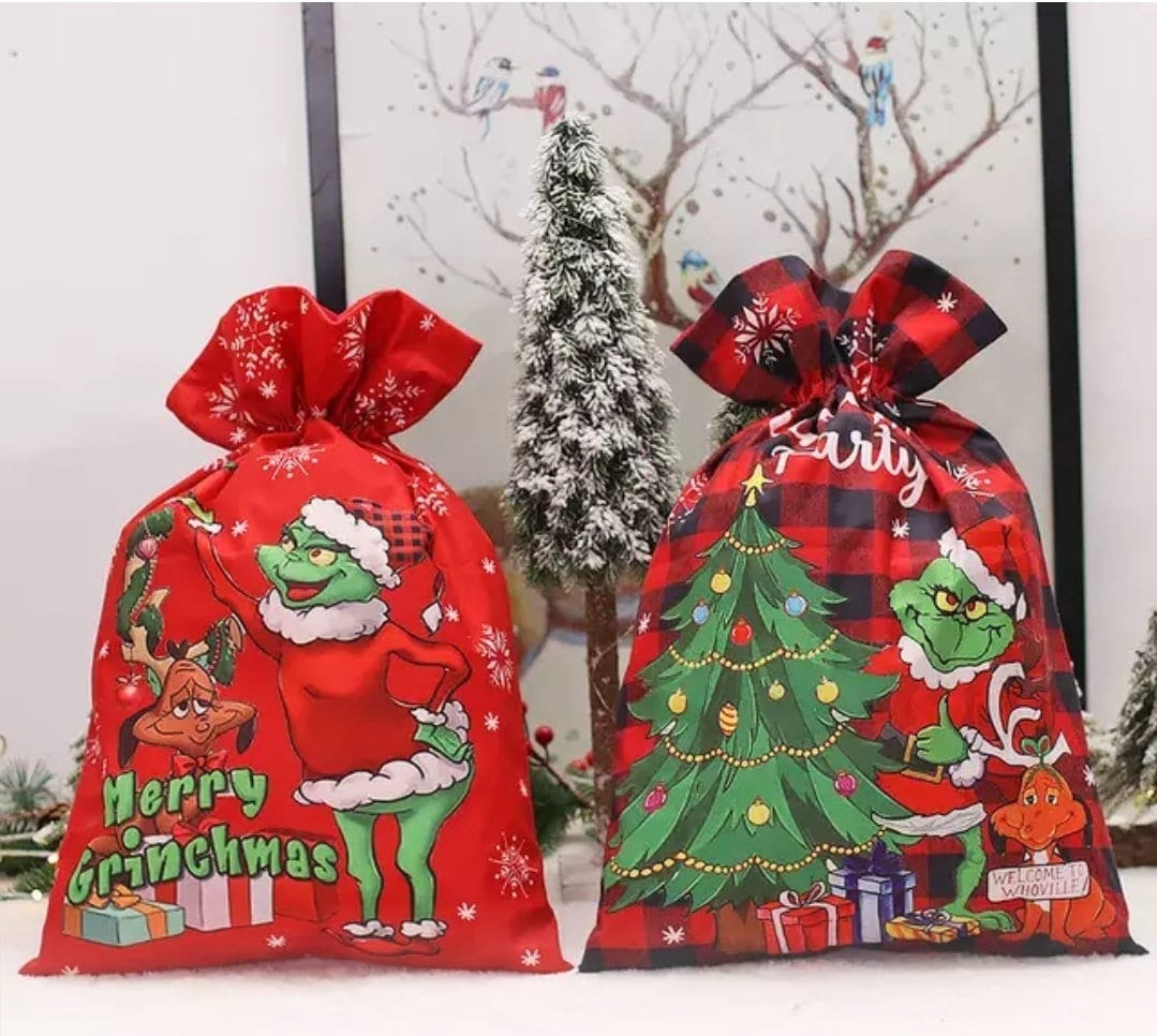 SANTA Grinch Sack Bags, Unbelievably Soft, Large Christmas Cloth Bag with Drawstring, 15\ X 22\" Inch Reusable Xmas Present Gift Bag"