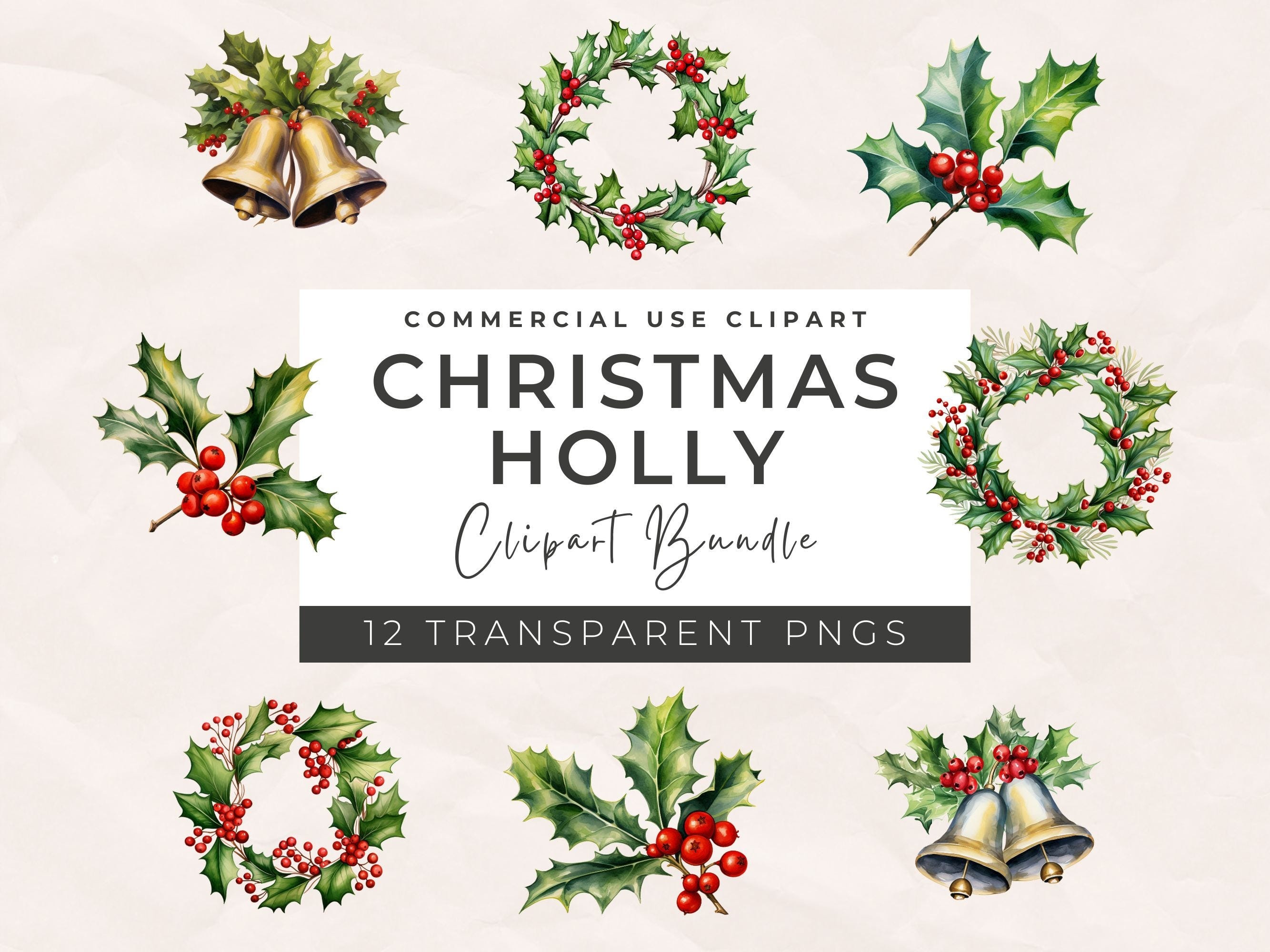 Watercolor Holly Clipart Bundle - Christmas Bouquets Clipart Holly Berry PNG Winter Botanical Clipart, PNG Commercial Use, Instant Download