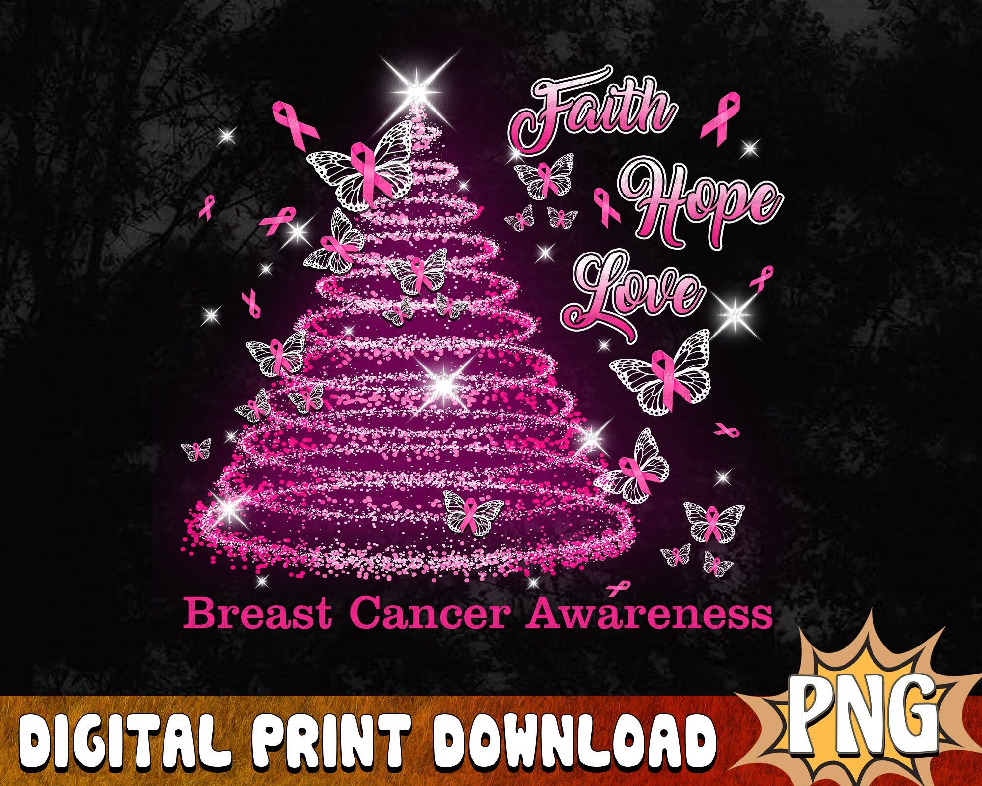 Breast Cancer Butterfly Christmas Tree–Faith Hope Love Breast Cancer Awareness Png,Breast Cancer Awareness Png,Holiday Hope Pink Ribbon Xmas