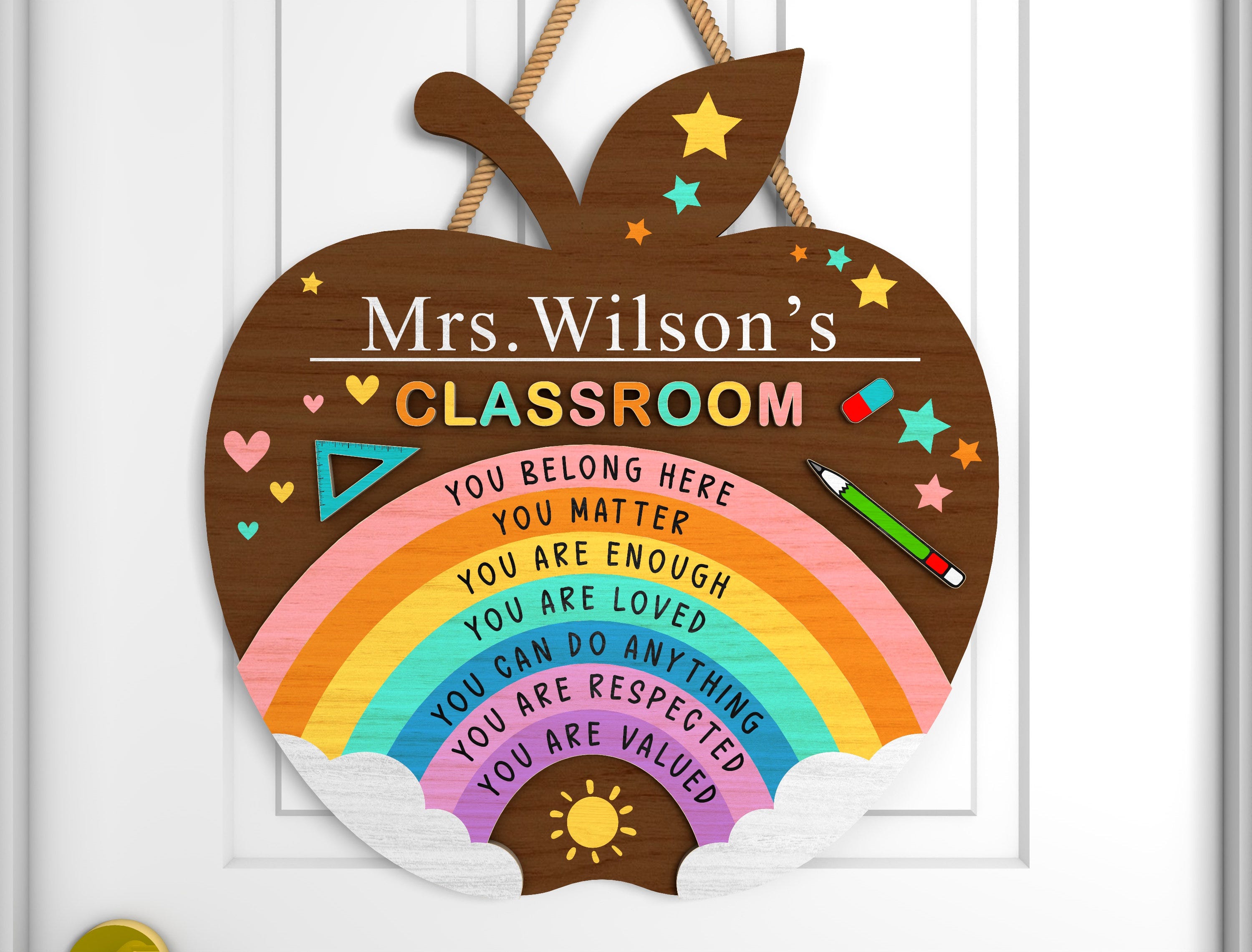 Personalized Rainbow Teacher Apple Door Sign SVG, Gift for Teacher, Teacher Appreciation Door Hanger svg,Glowforge svg files,Laser cut files