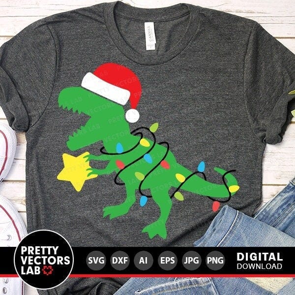 Christmas Dinosaur Svg, Santa T-Rex Svg, Holiday Dino with Lights Svg, Dxf, Eps, Png, Funny Xmas Cut Files, Kids Clipart, Silhouette, Cricut