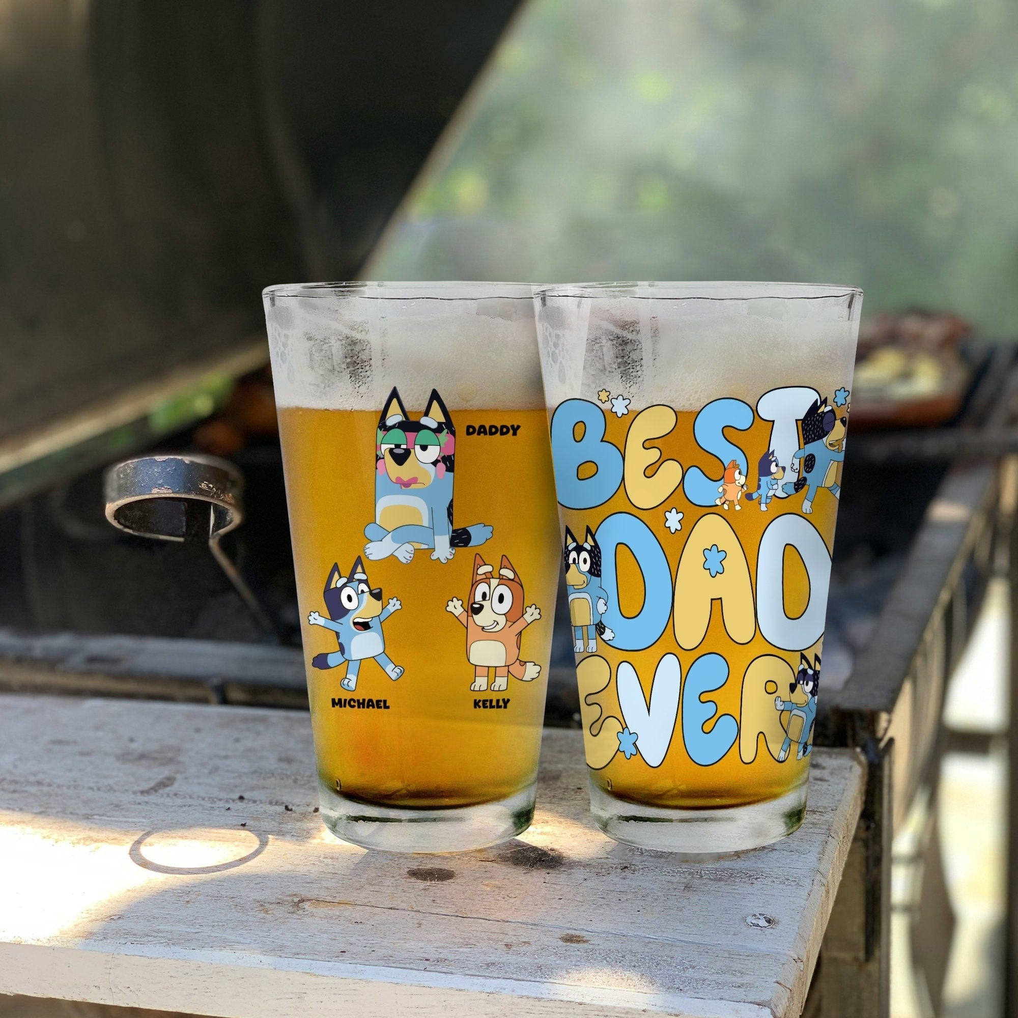 Custom Best Day Ever Beer Glass, Bluey Dad Beer Glass, Father Beer Glasses, Gift For Dad, Cartoon Beer Glass