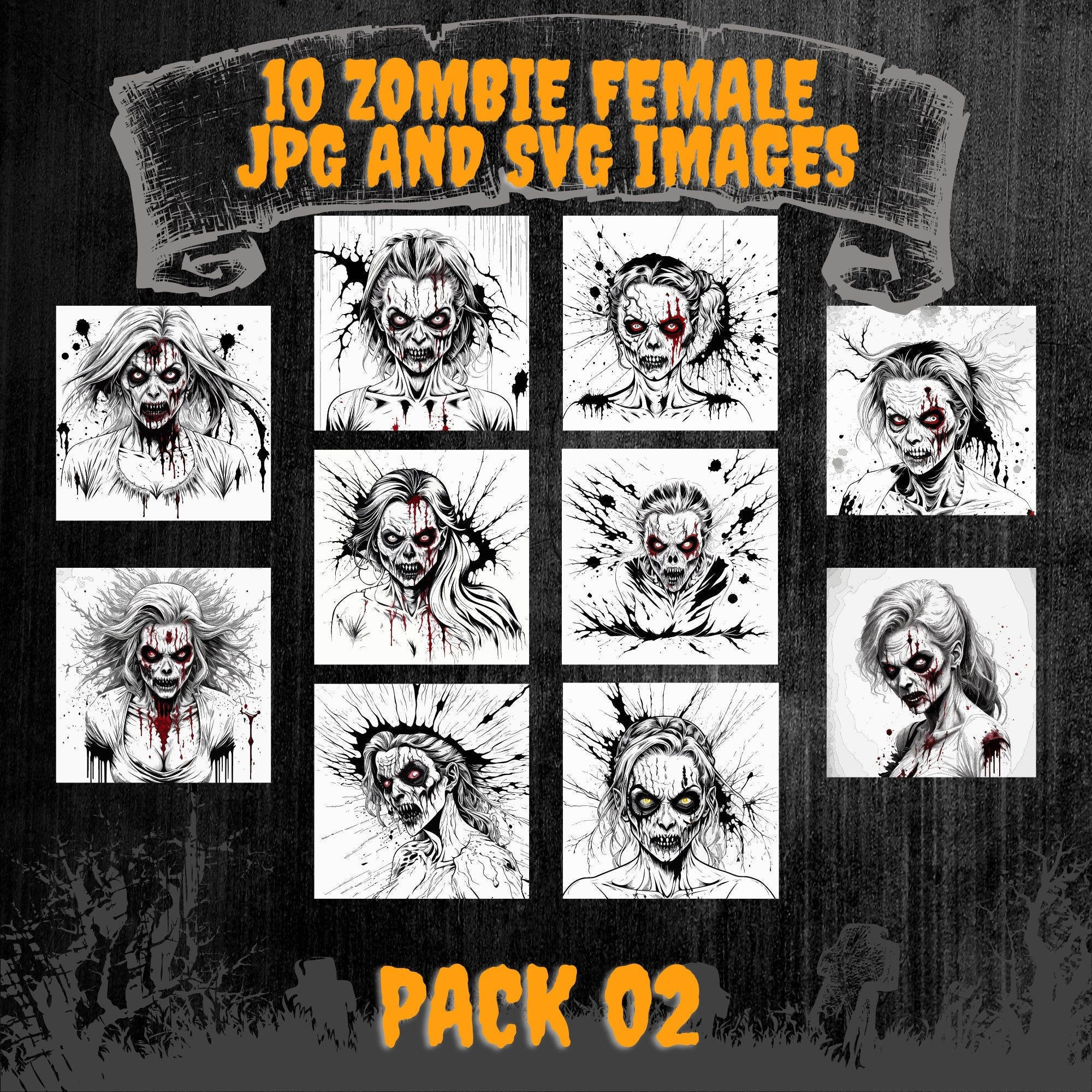 Creepy and Chic: 10 Female Zombie JPG and SVG Digital Files for Your Spooky, Horror Designs - Commercial and Personal Use! - Pack 02!