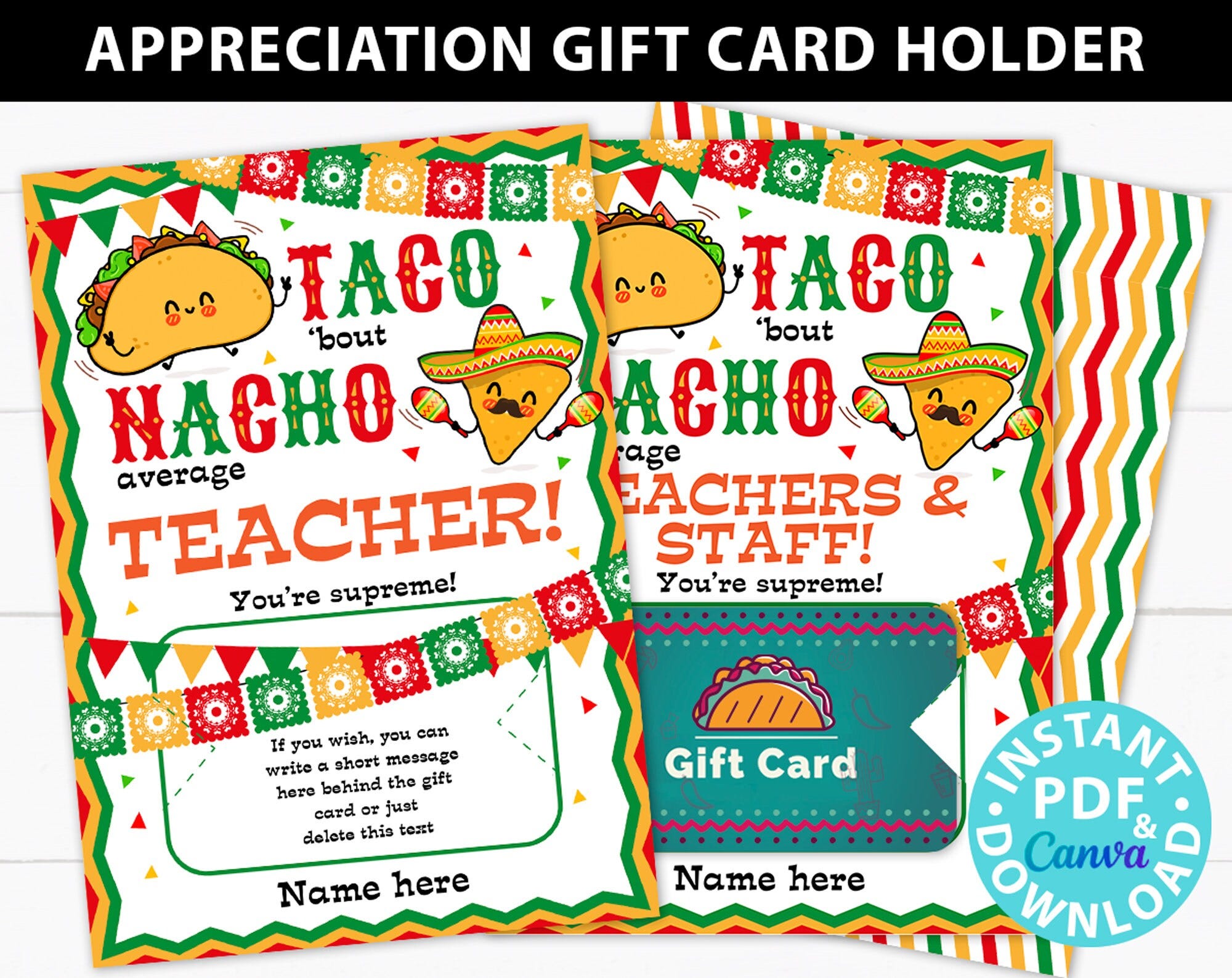 Teacher Appreciation Gift Card Holder Printable, Taco 