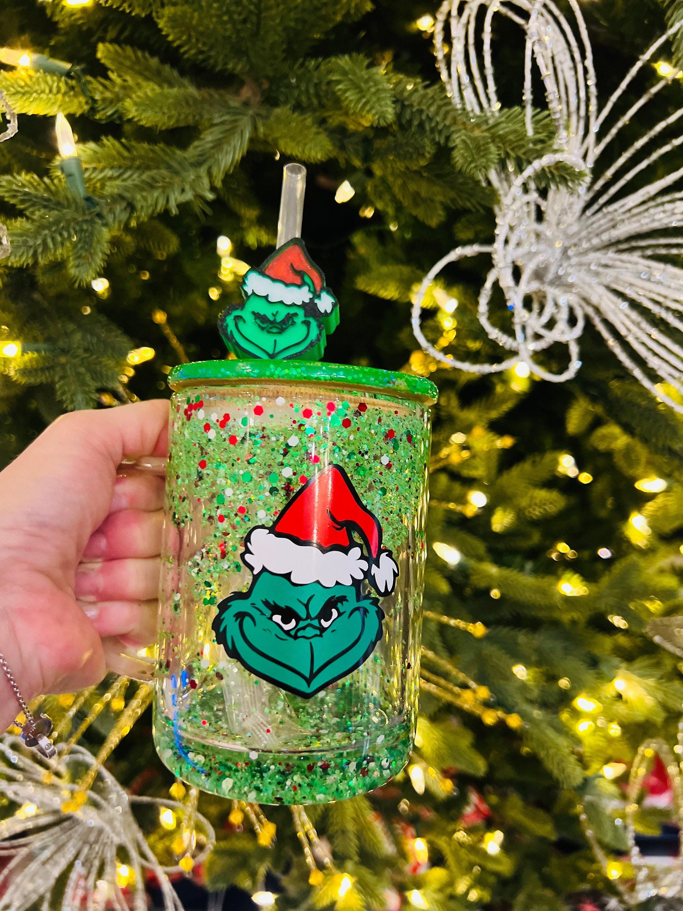 The grinch snow globe glass mug cup /custom-made/ready to ship/16oz/Disney/ Christmas