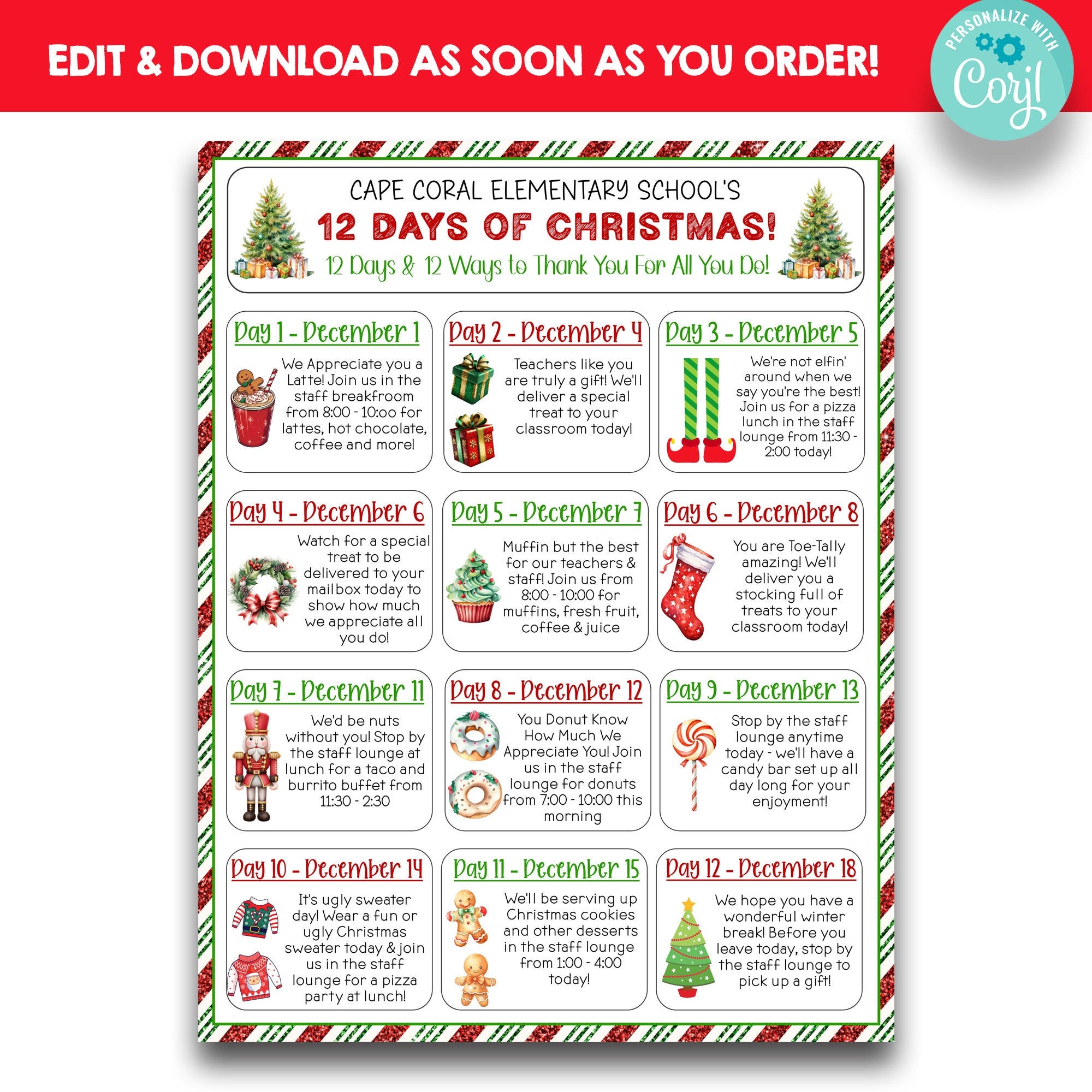EDITABLE Twelve Days of Christmas Appreciation Sign | Christmas Teacher Appreciation Flyer | Printable Holiday Appreciation Week Itinerary
